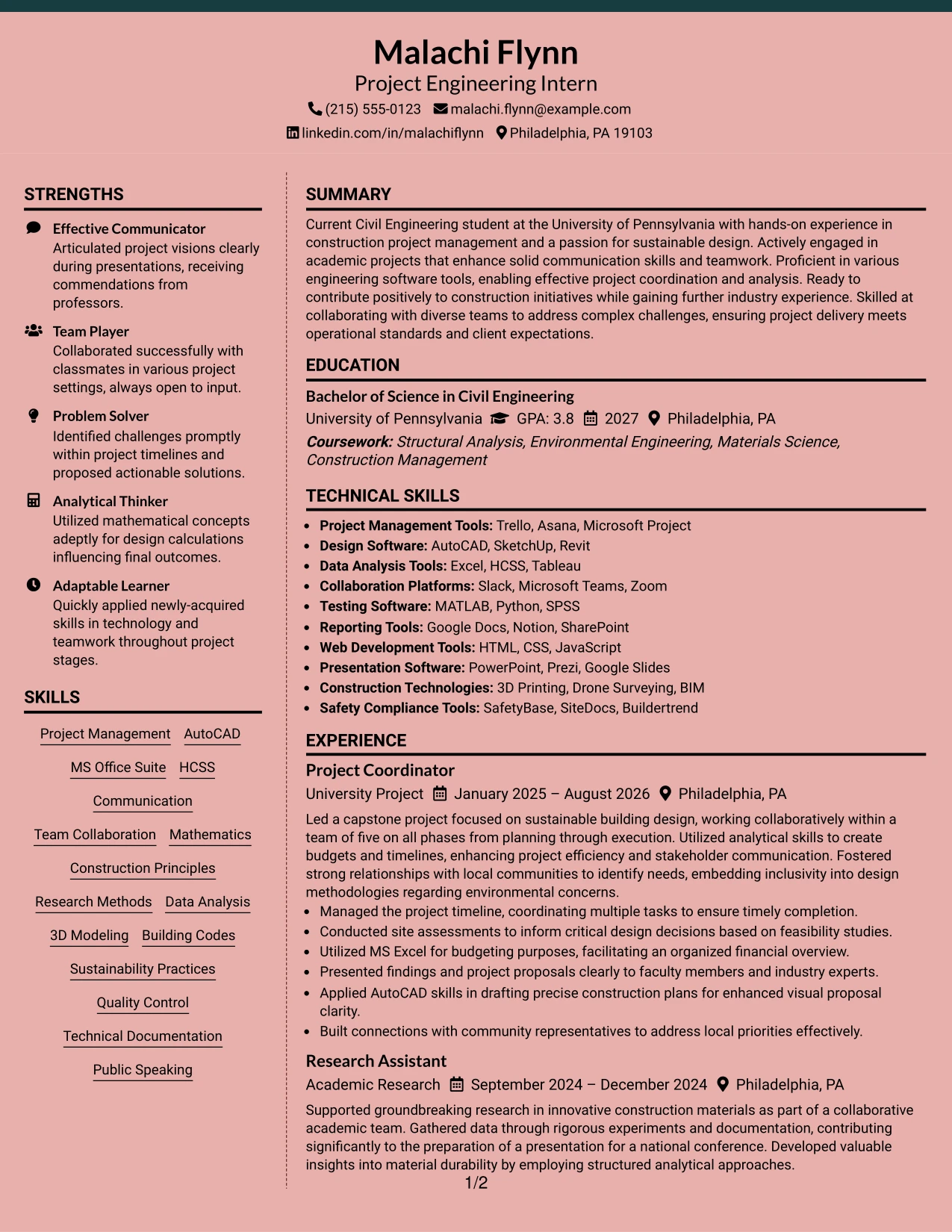 Resume Example Page 1