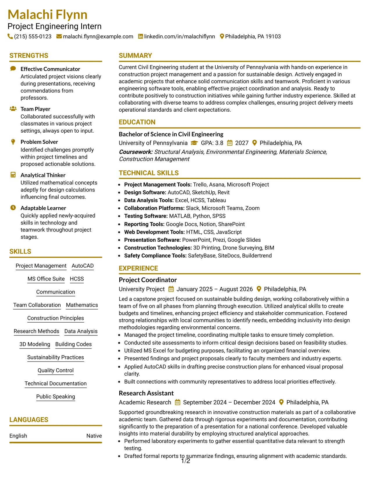 Resume Example Page 1