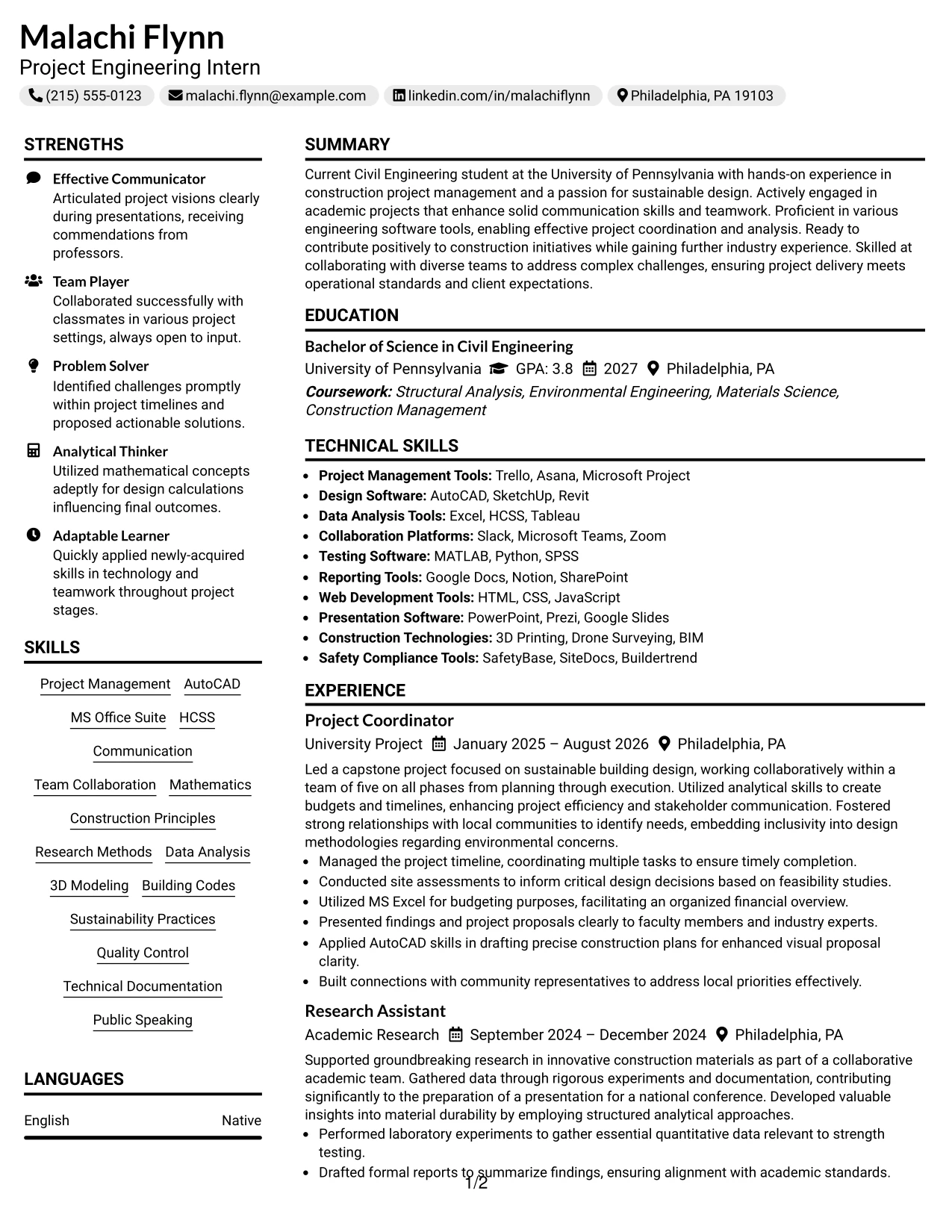 Resume Example Page 1
