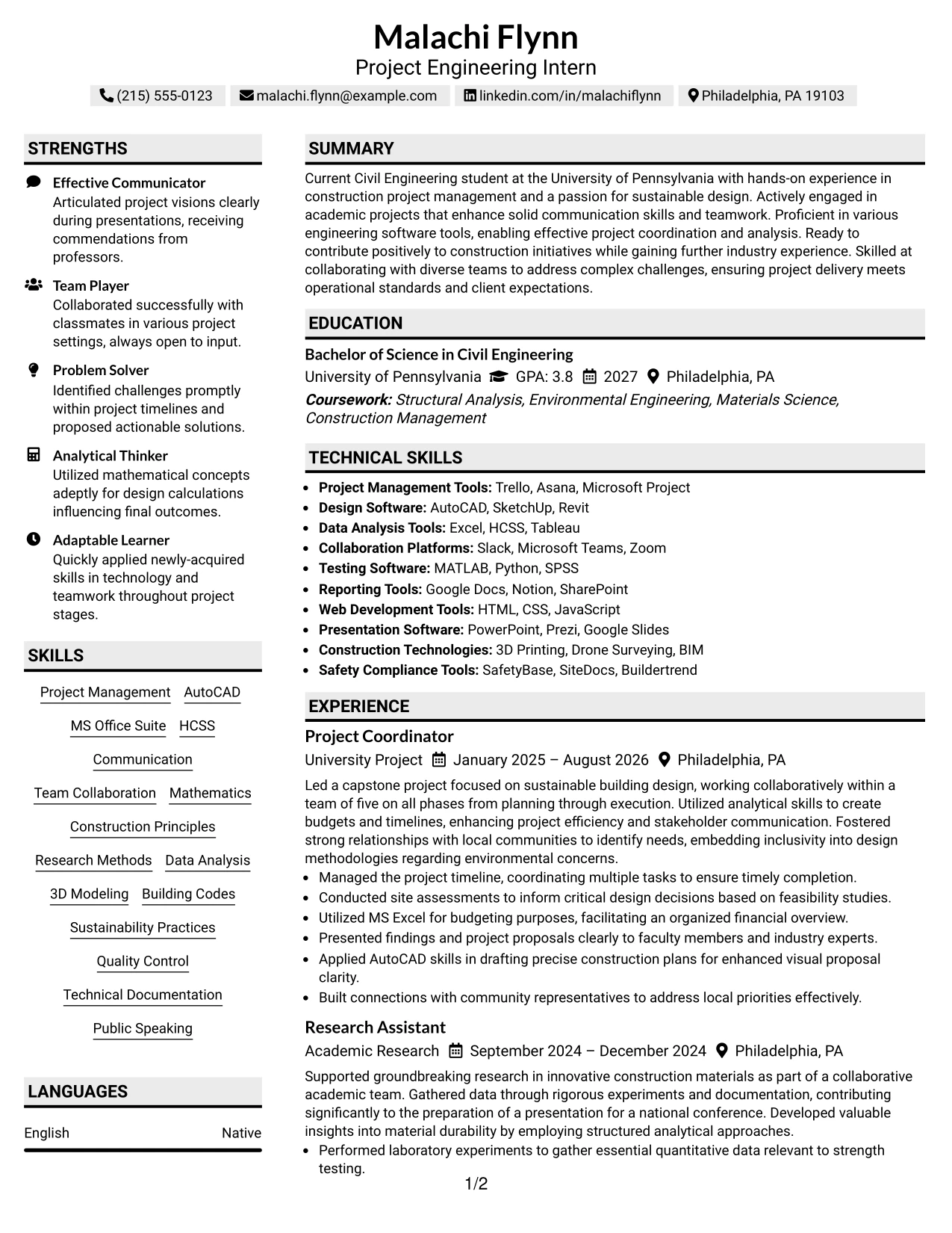 Resume Example Page 1