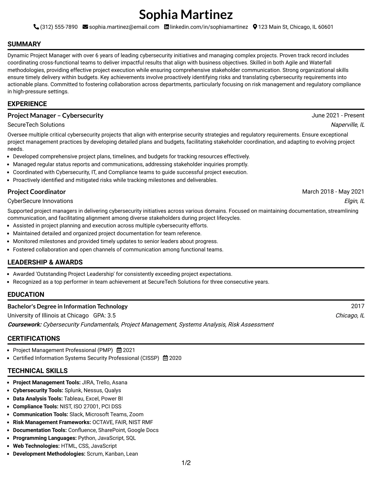 Resume Example Page 1