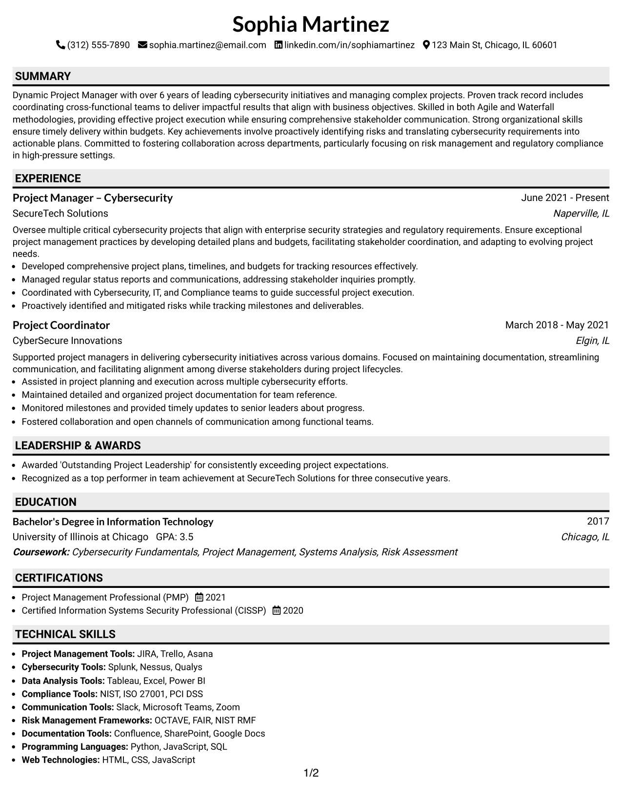 Resume Example Page 1