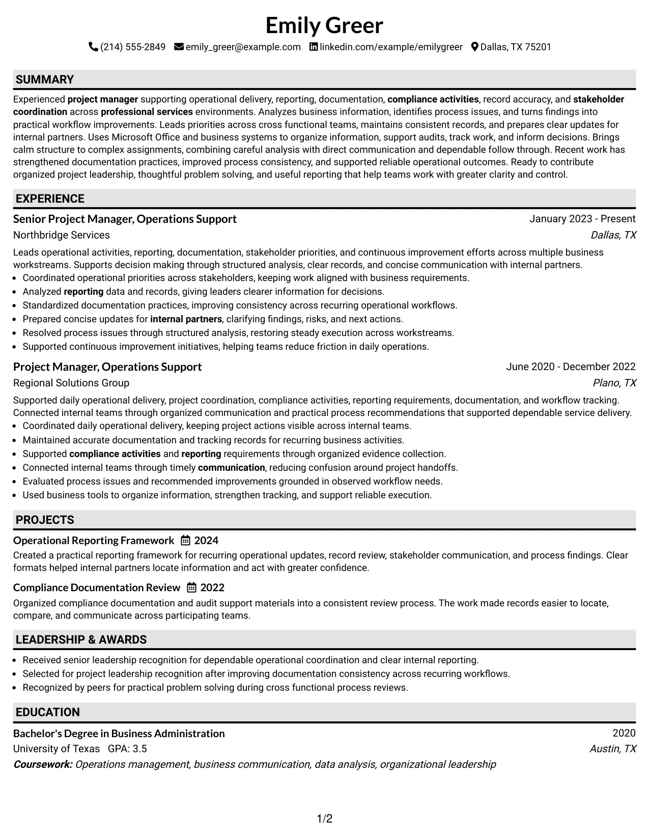 Resume Example Page 1