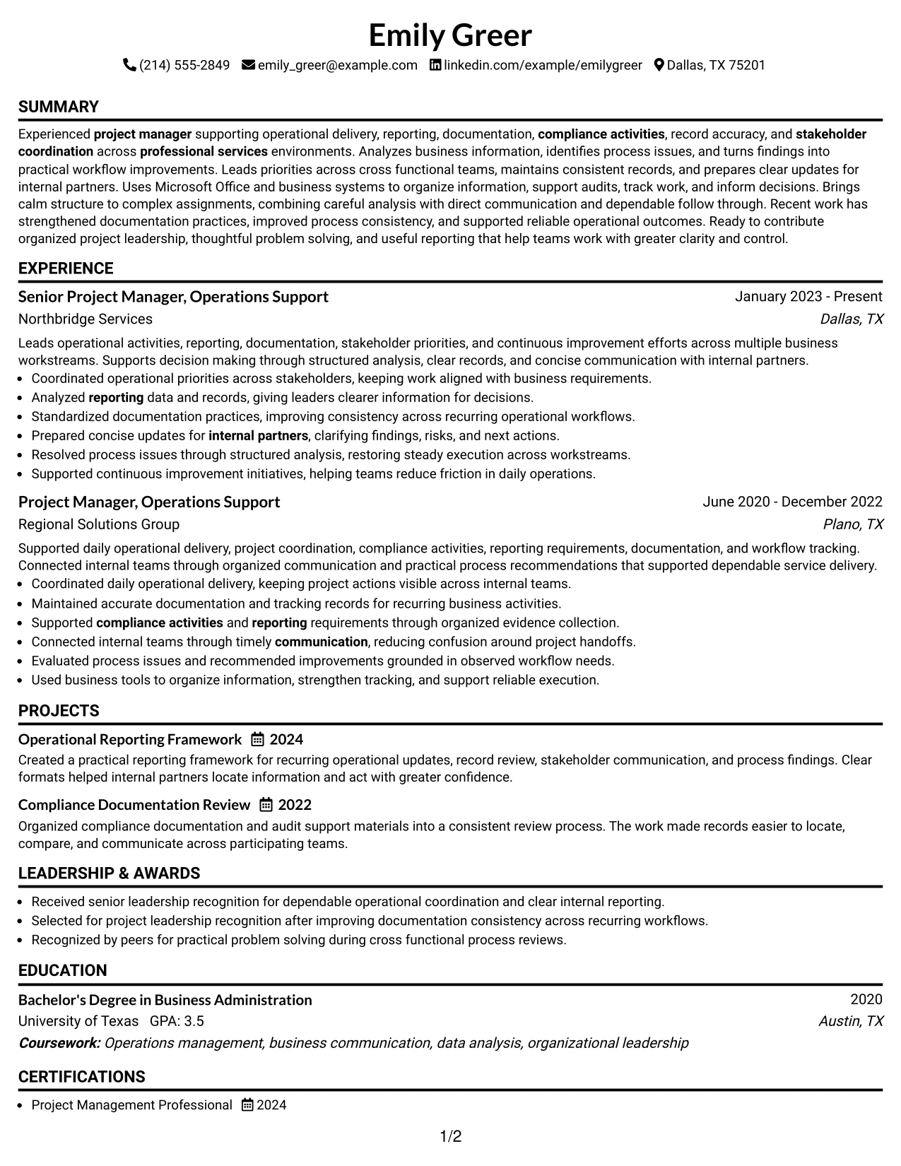 Resume Example Page 1
