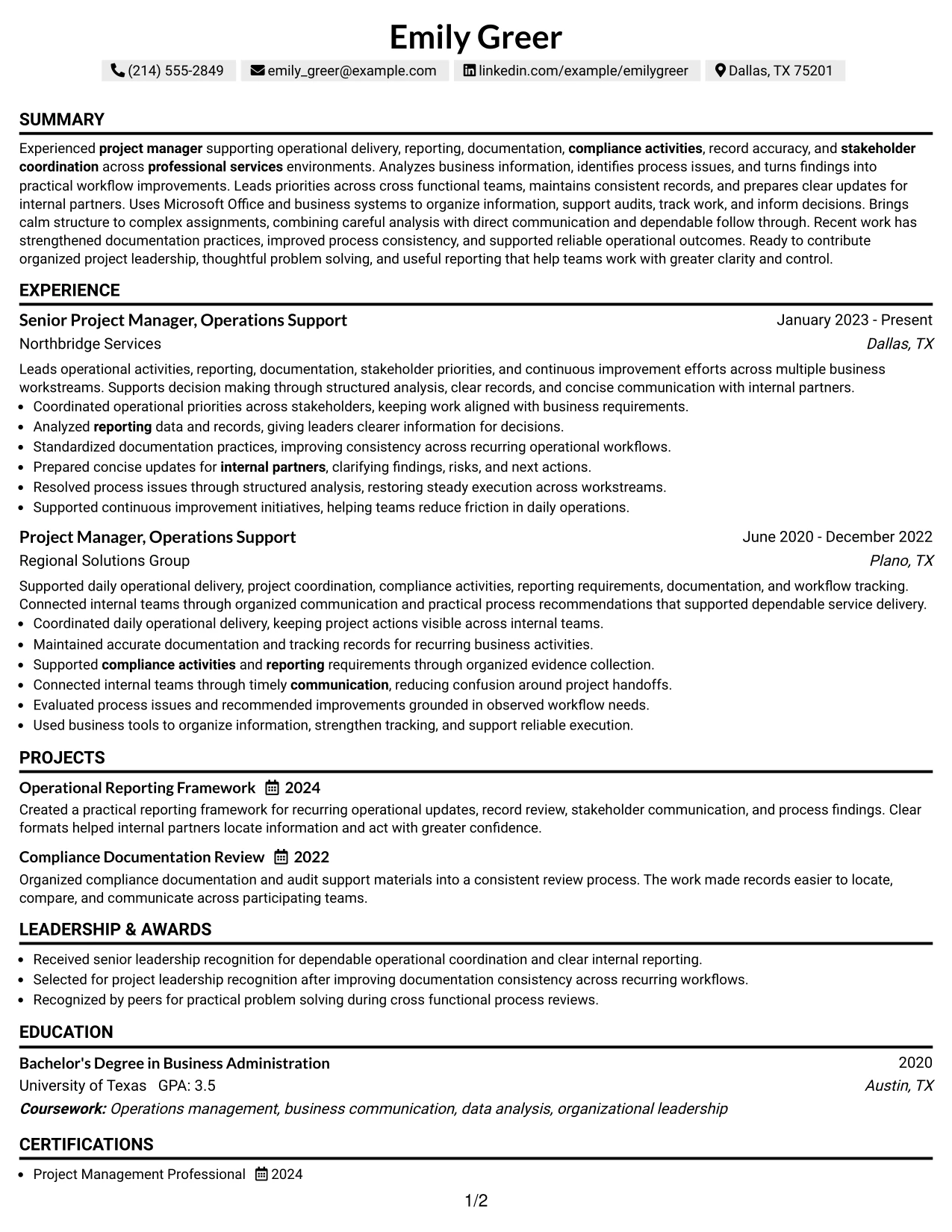 Resume Example Page 1