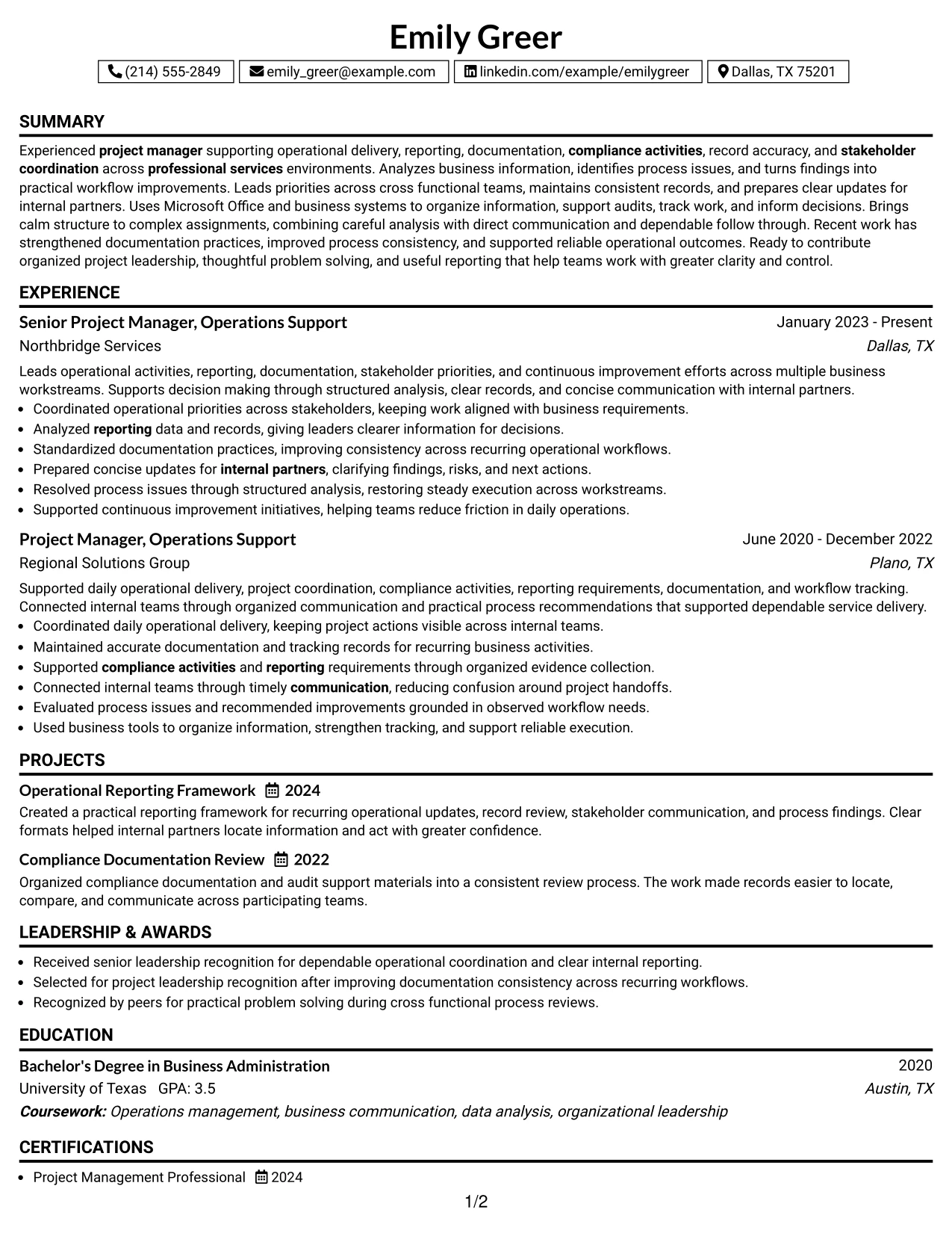 Resume Example Page 1