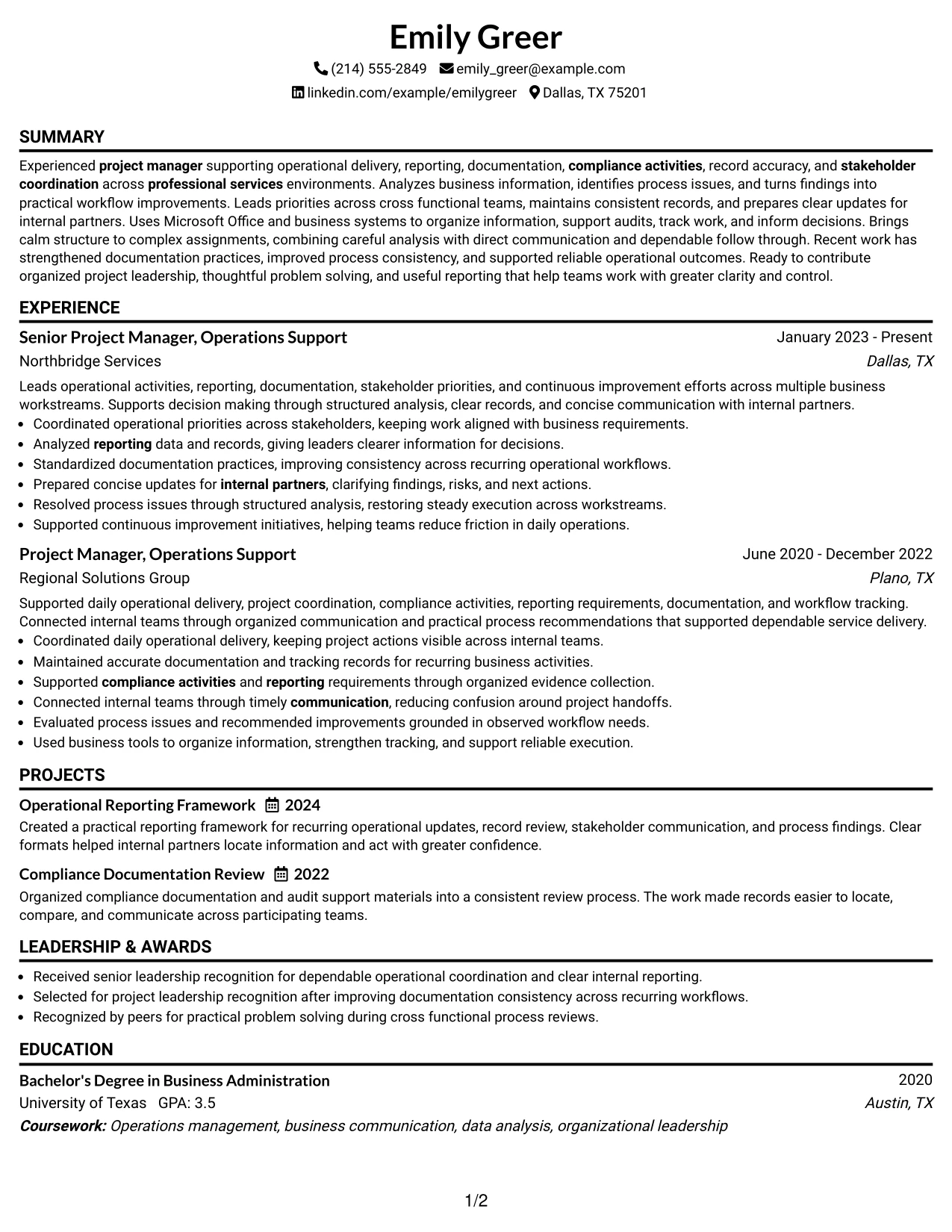 Resume Example Page 1