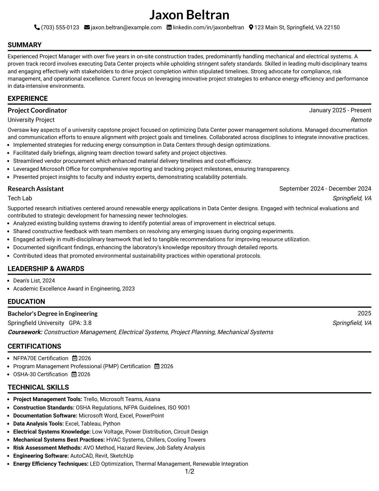 Resume Example Page 1