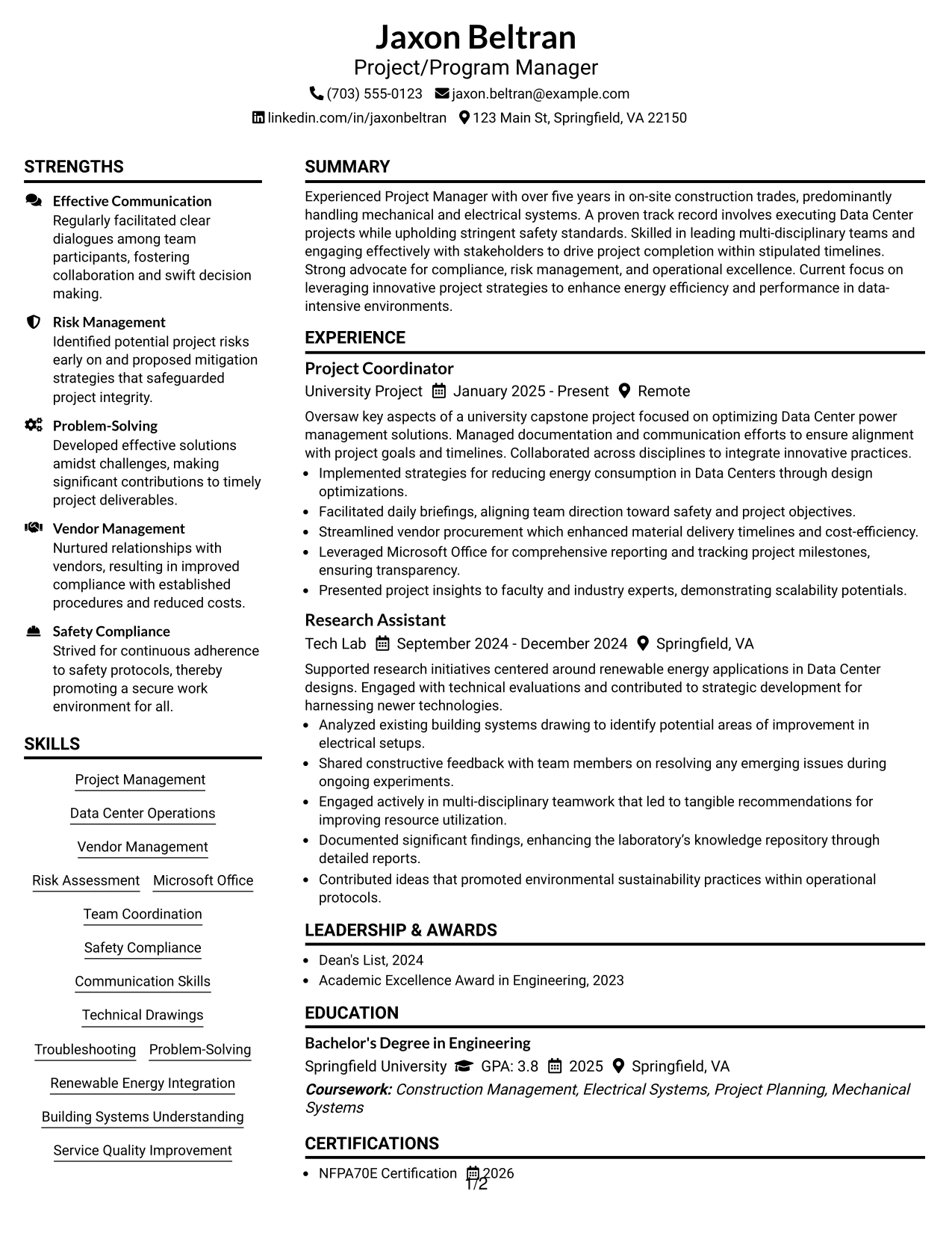 Resume Example Page 1