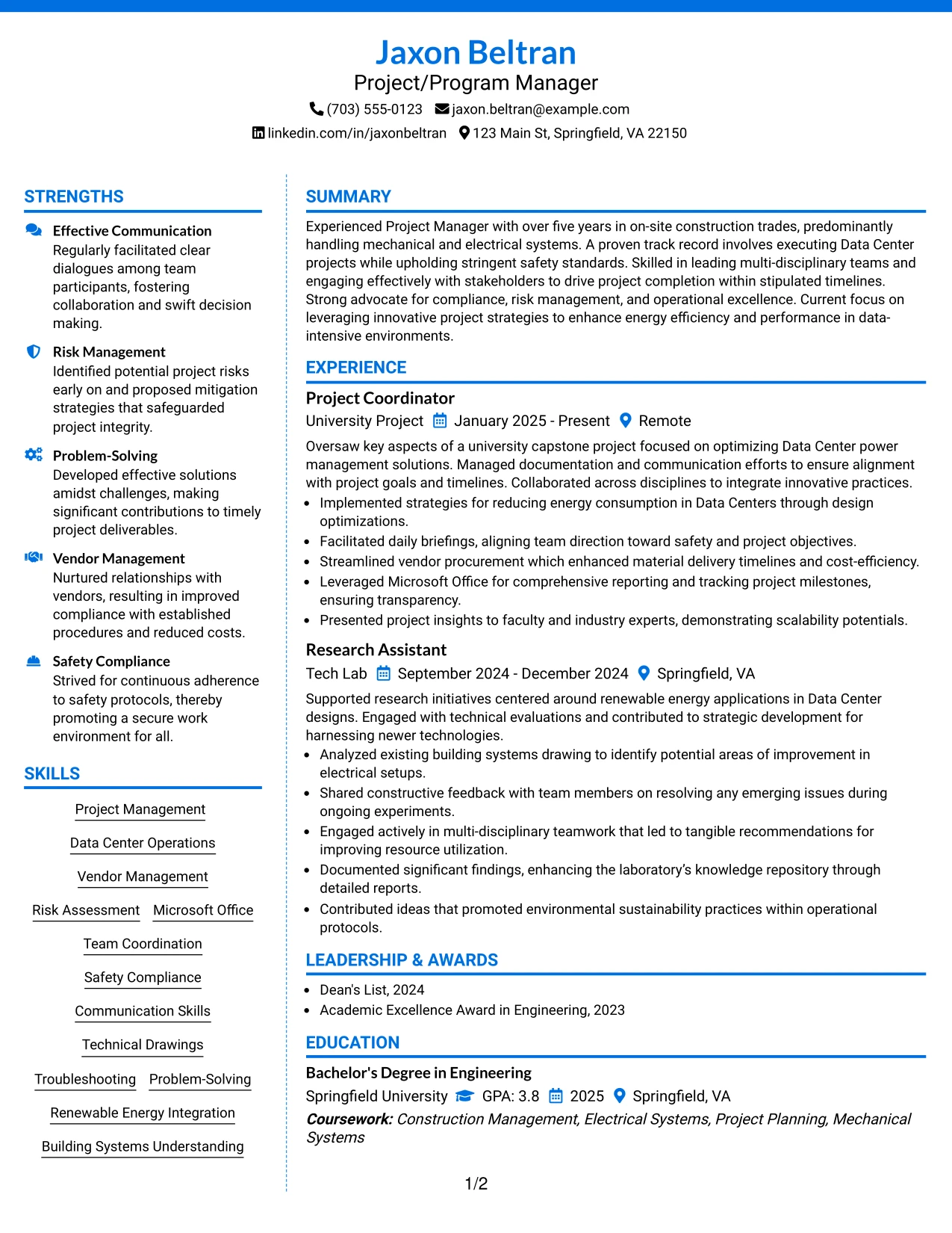 Resume Example Page 1