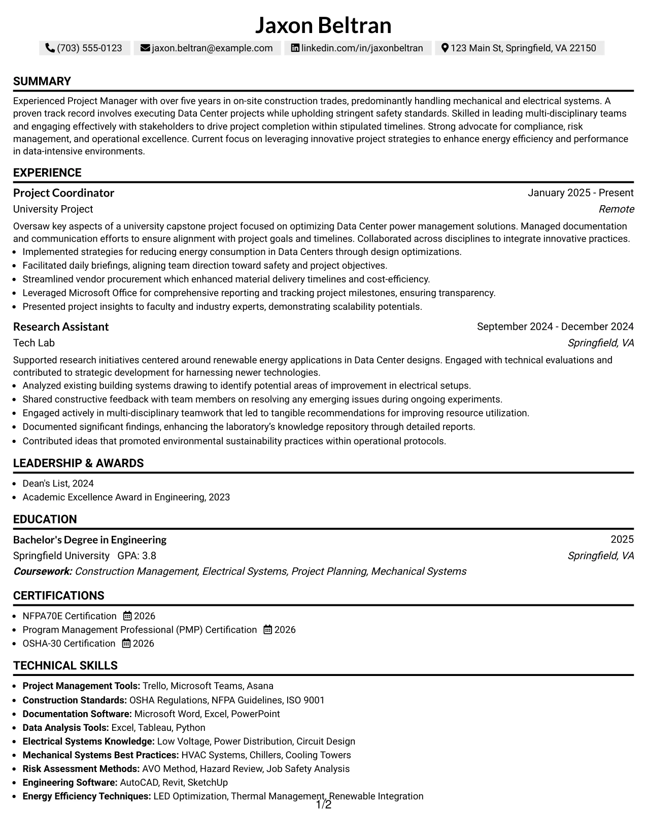 Resume Example Page 1