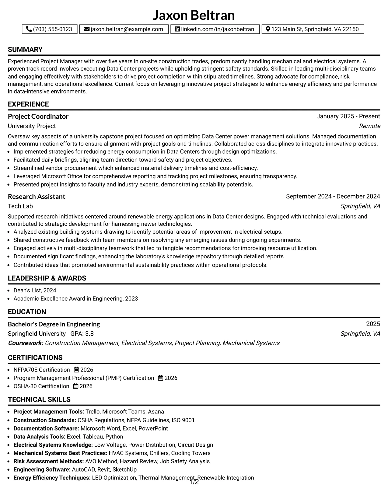 Resume Example Page 1
