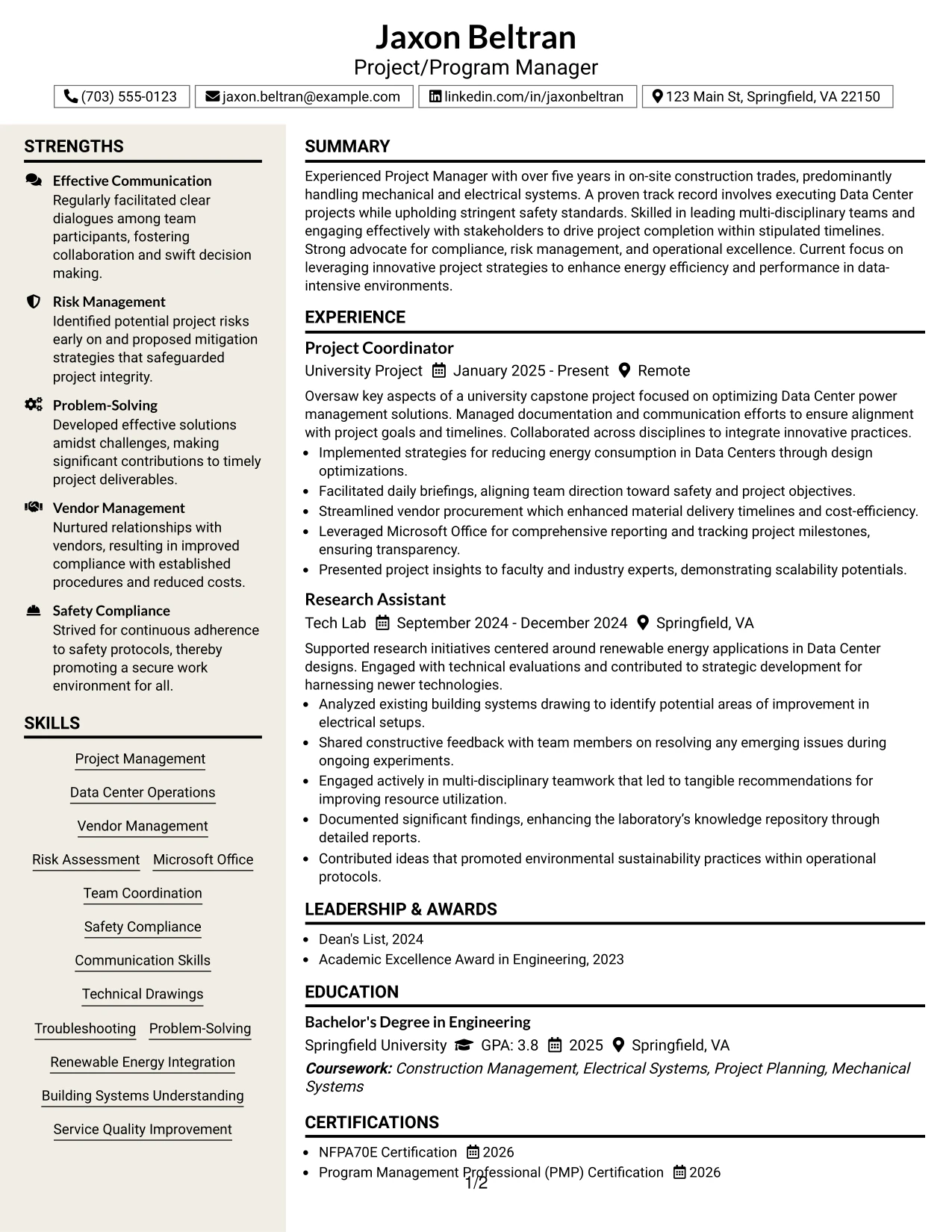 Resume Example Page 1