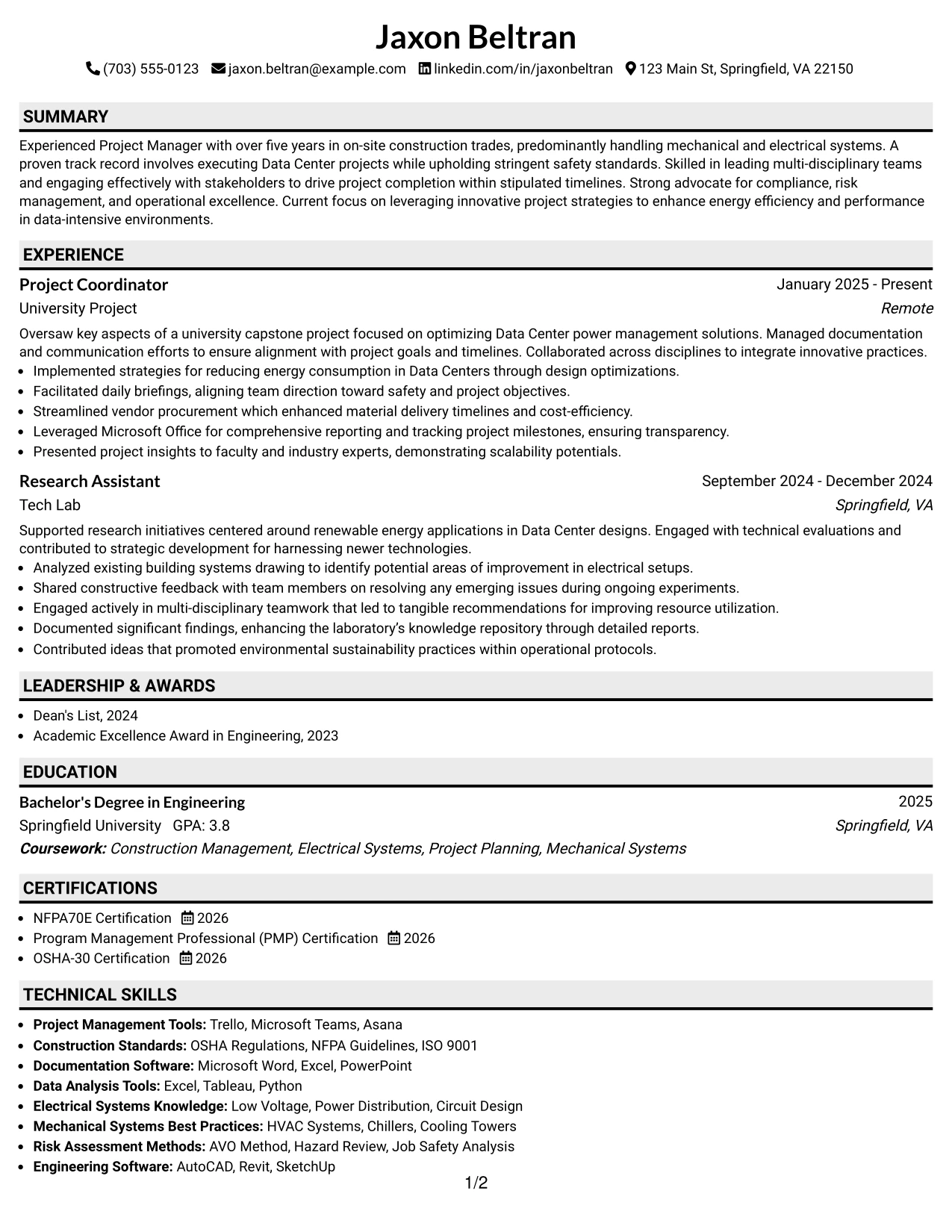 Resume Example Page 1