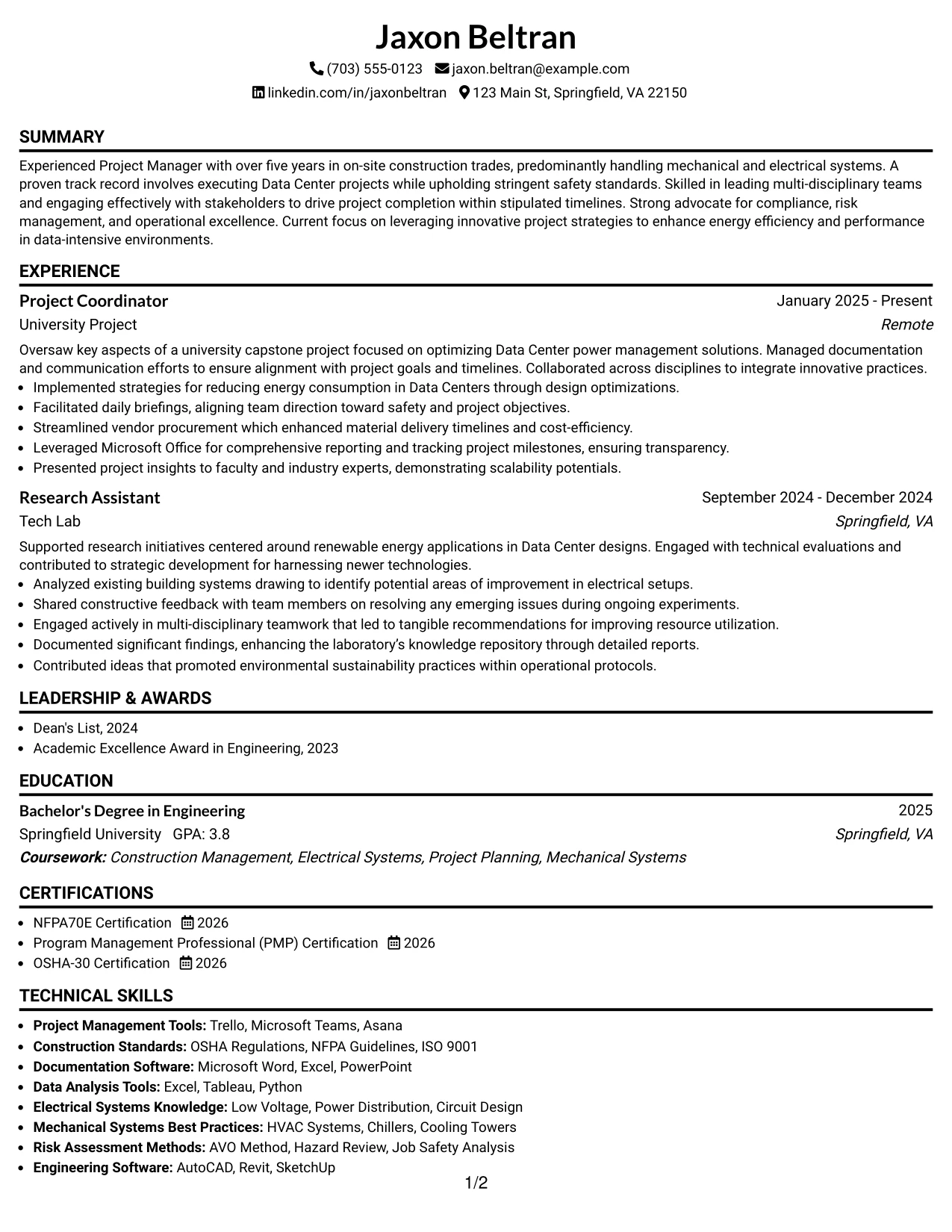 Resume Example Page 1