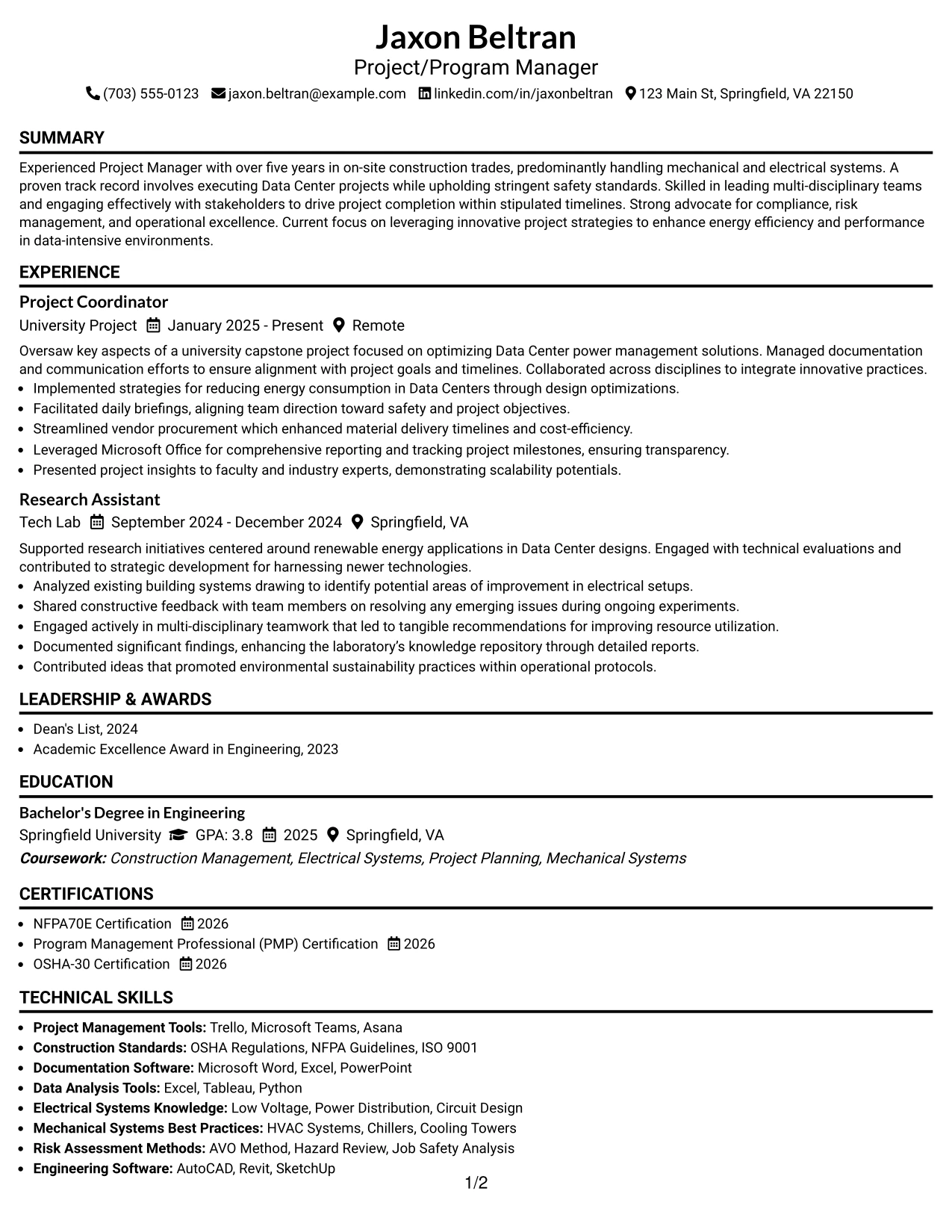 Resume Example Page 1