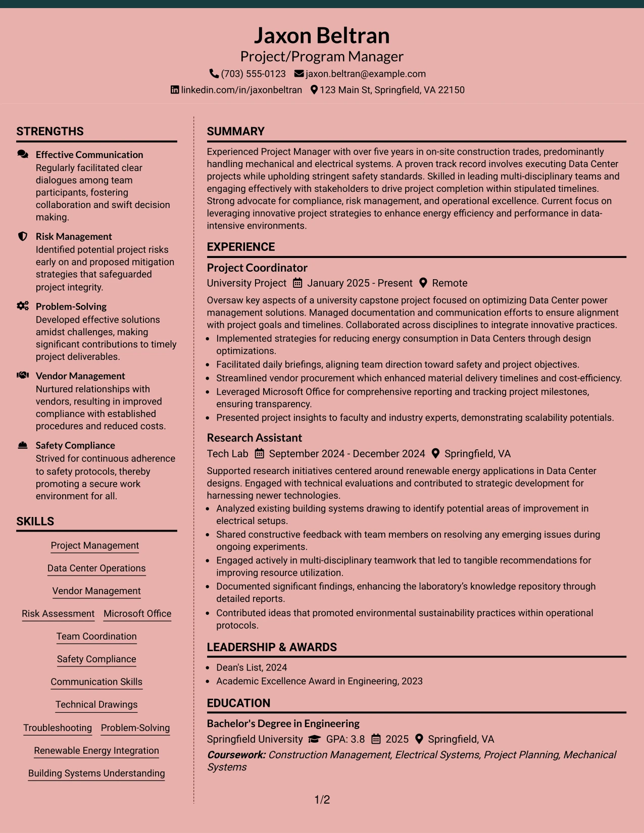 Resume Example Page 1