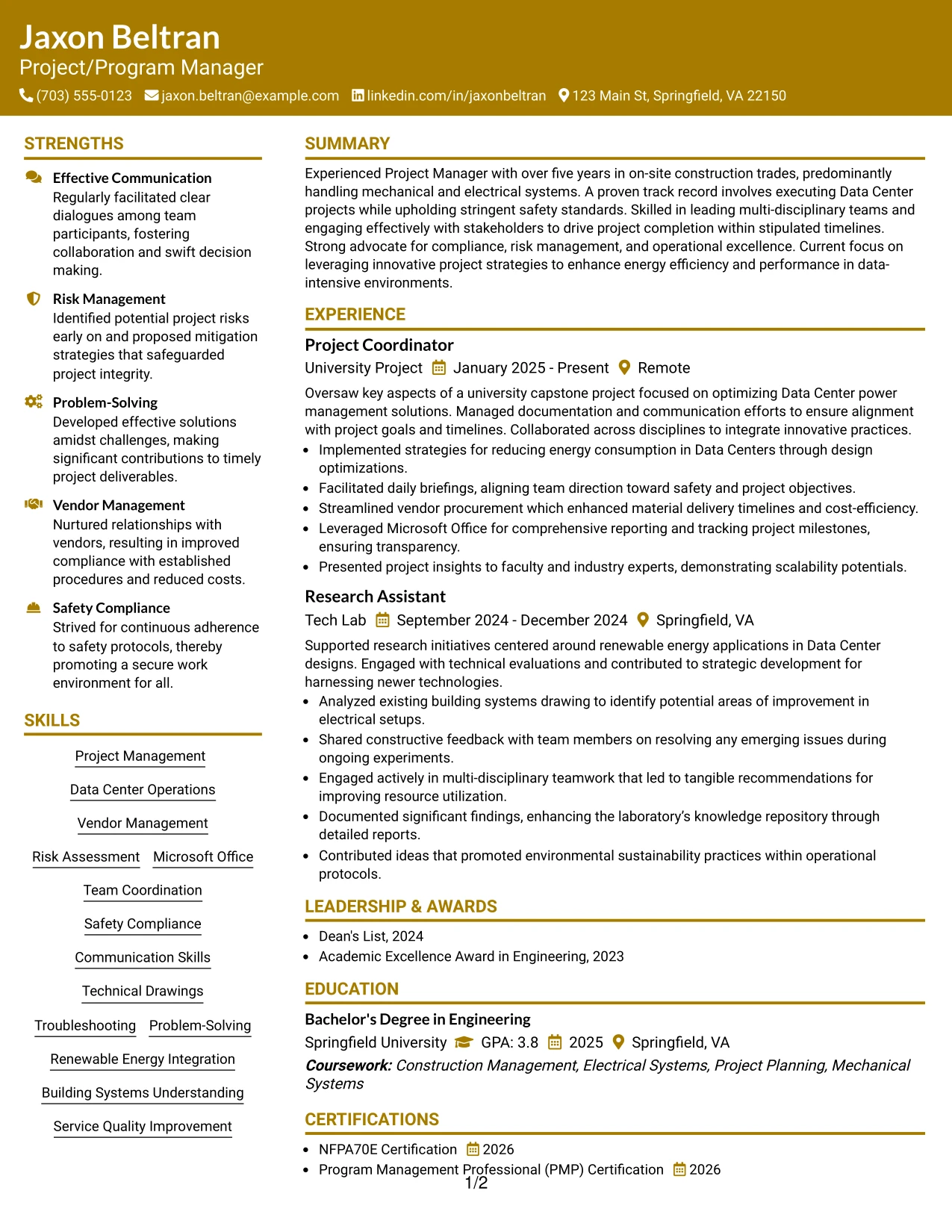 Resume Example Page 1