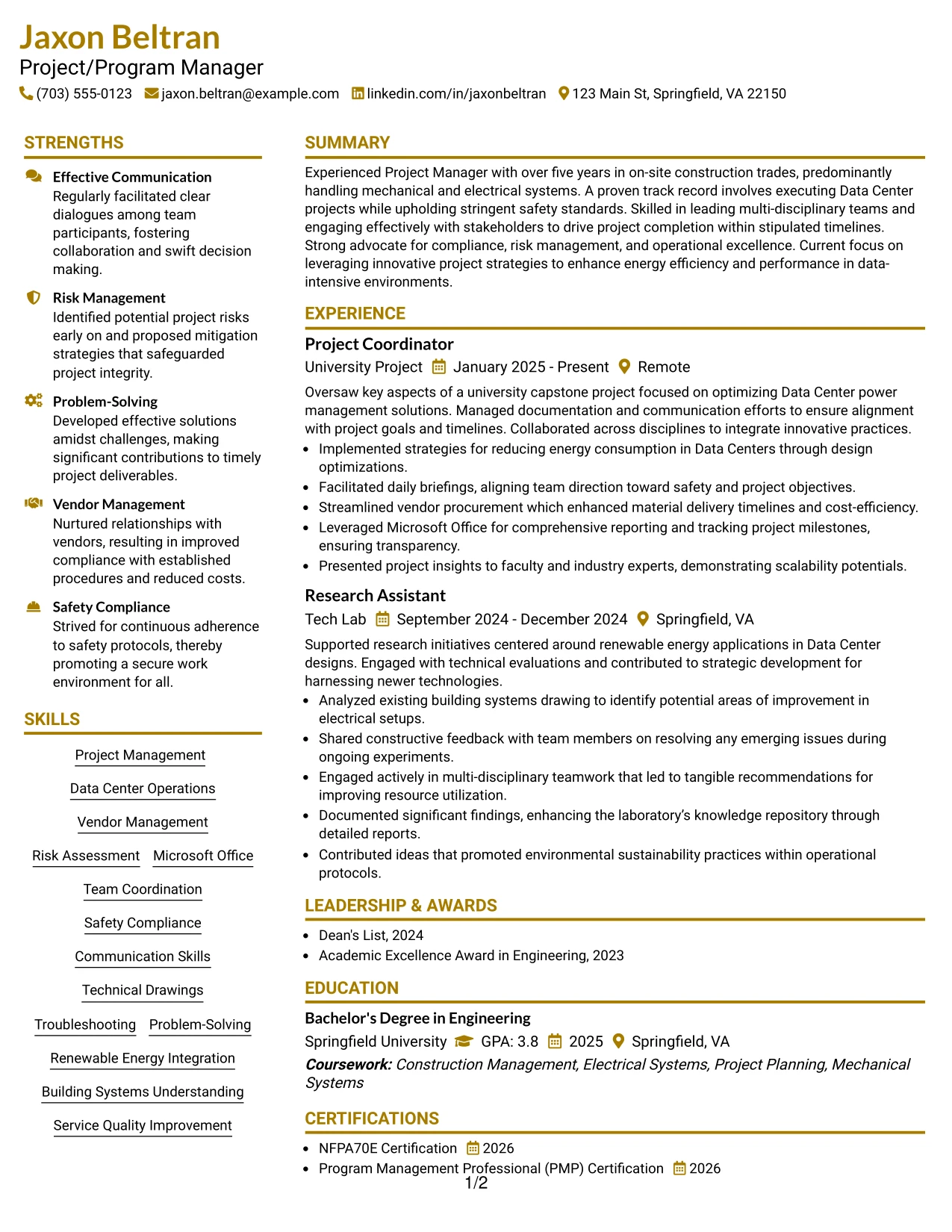 Resume Example Page 1
