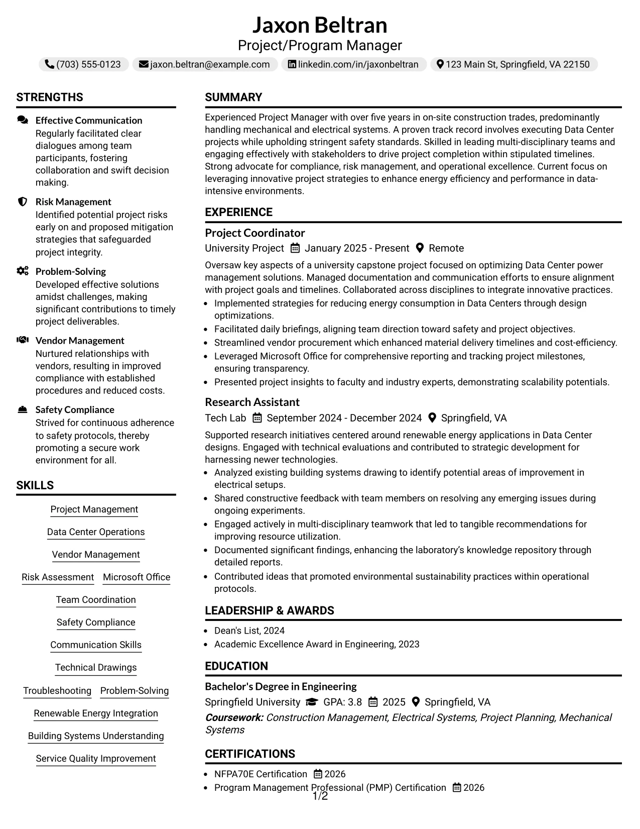 Resume Example Page 1