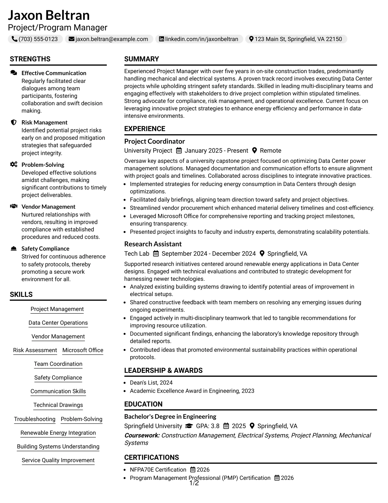 Resume Example Page 1