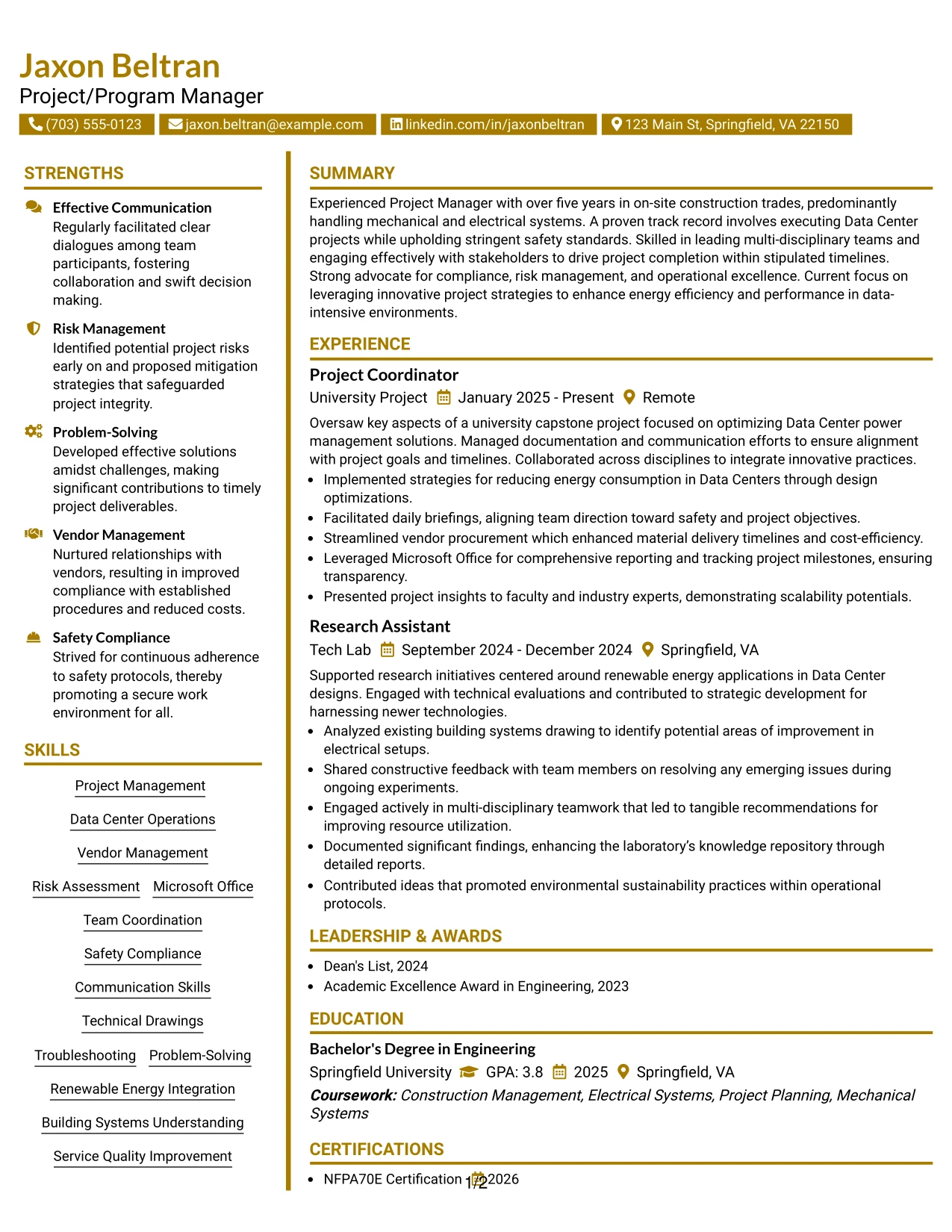 Resume Example Page 1