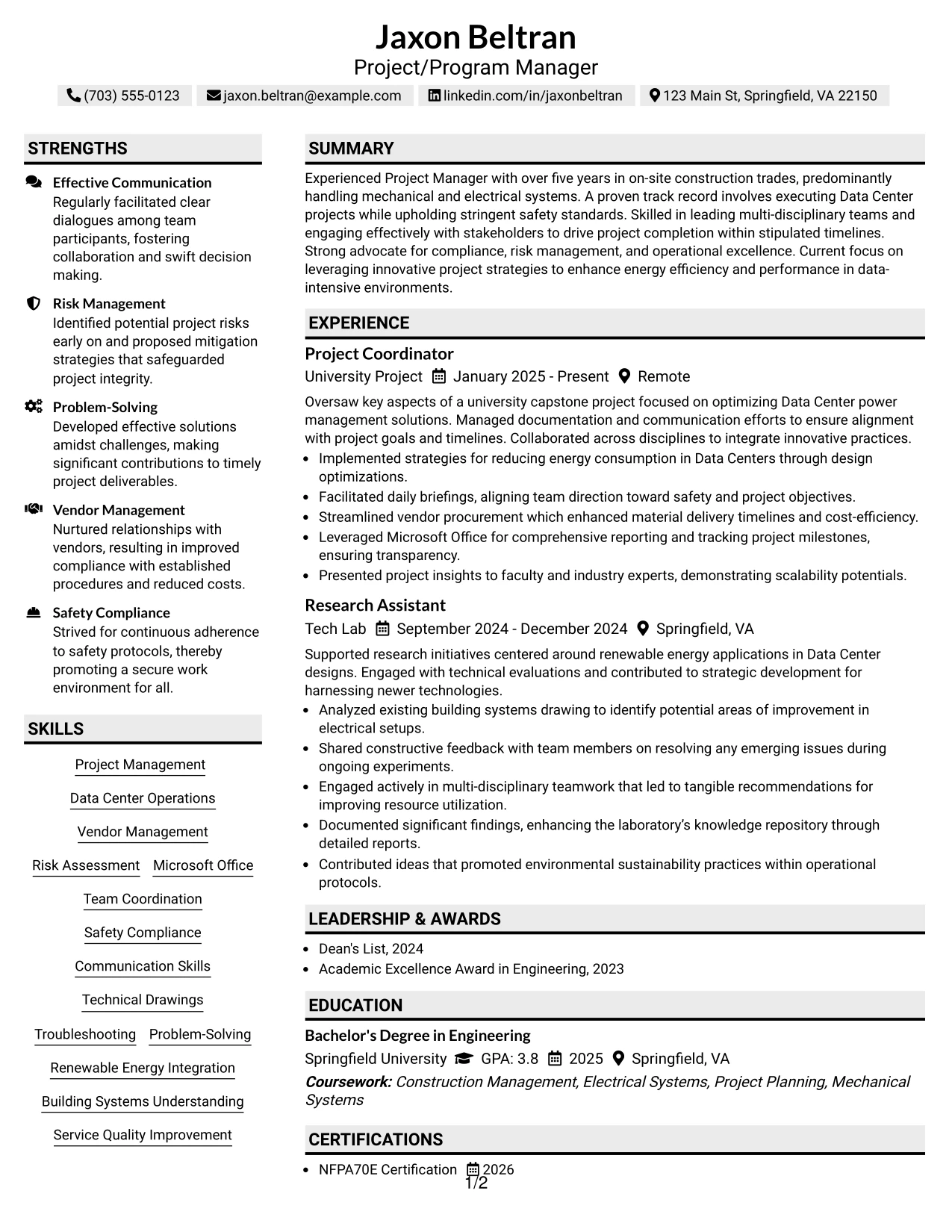 Resume Example Page 1