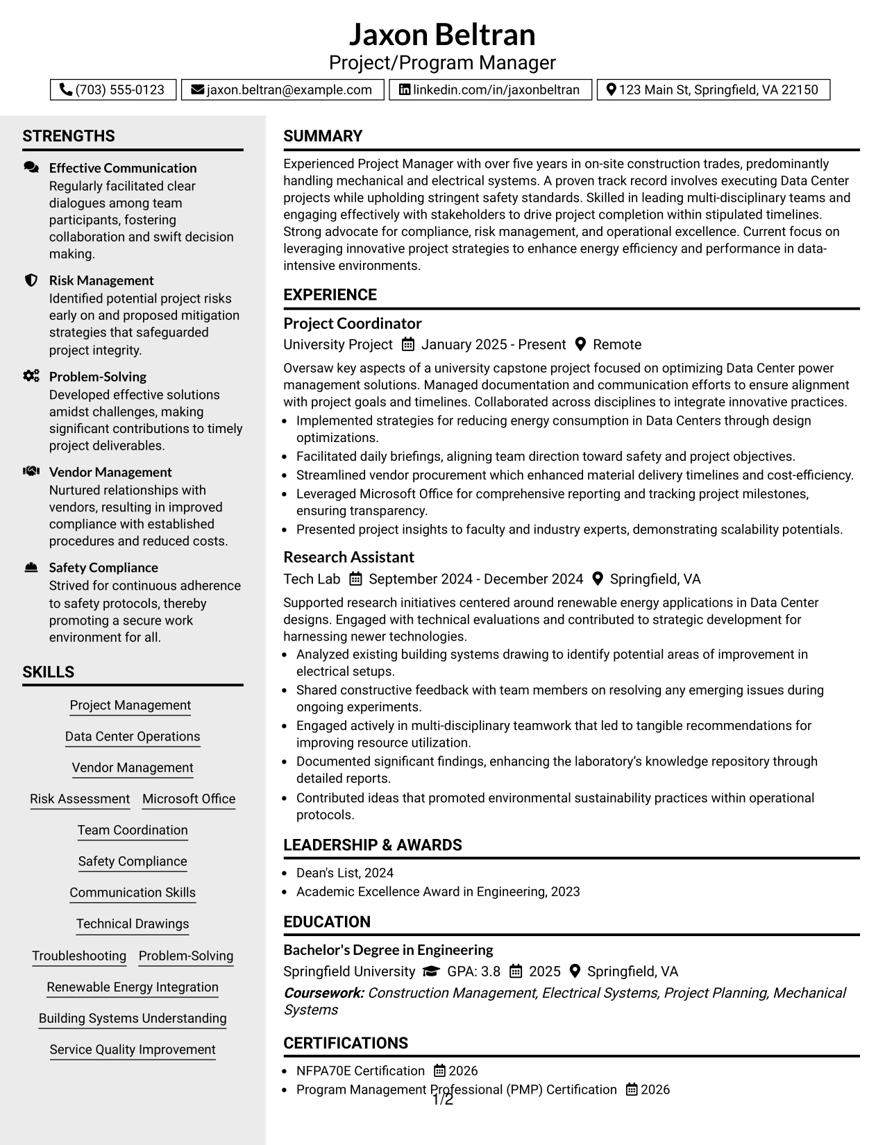 Resume Example Page 1