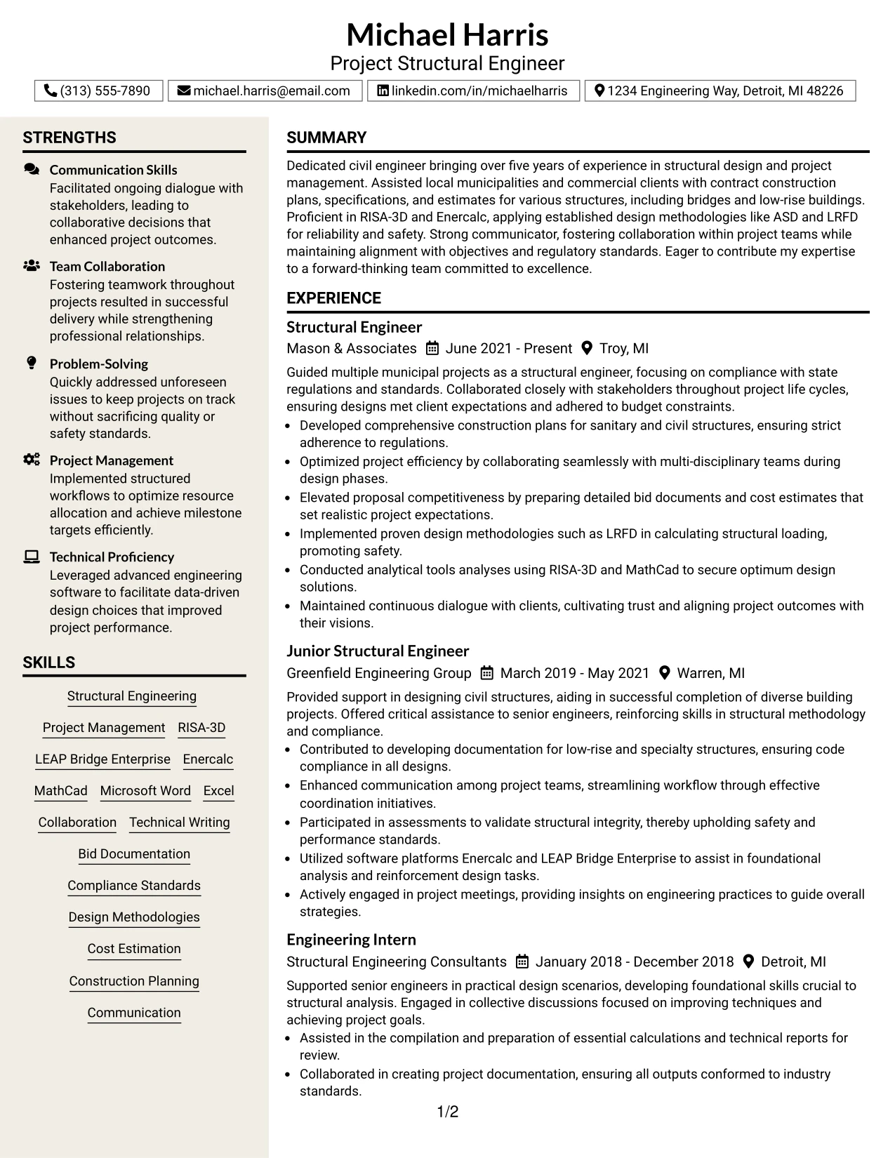 Resume Example Page 1