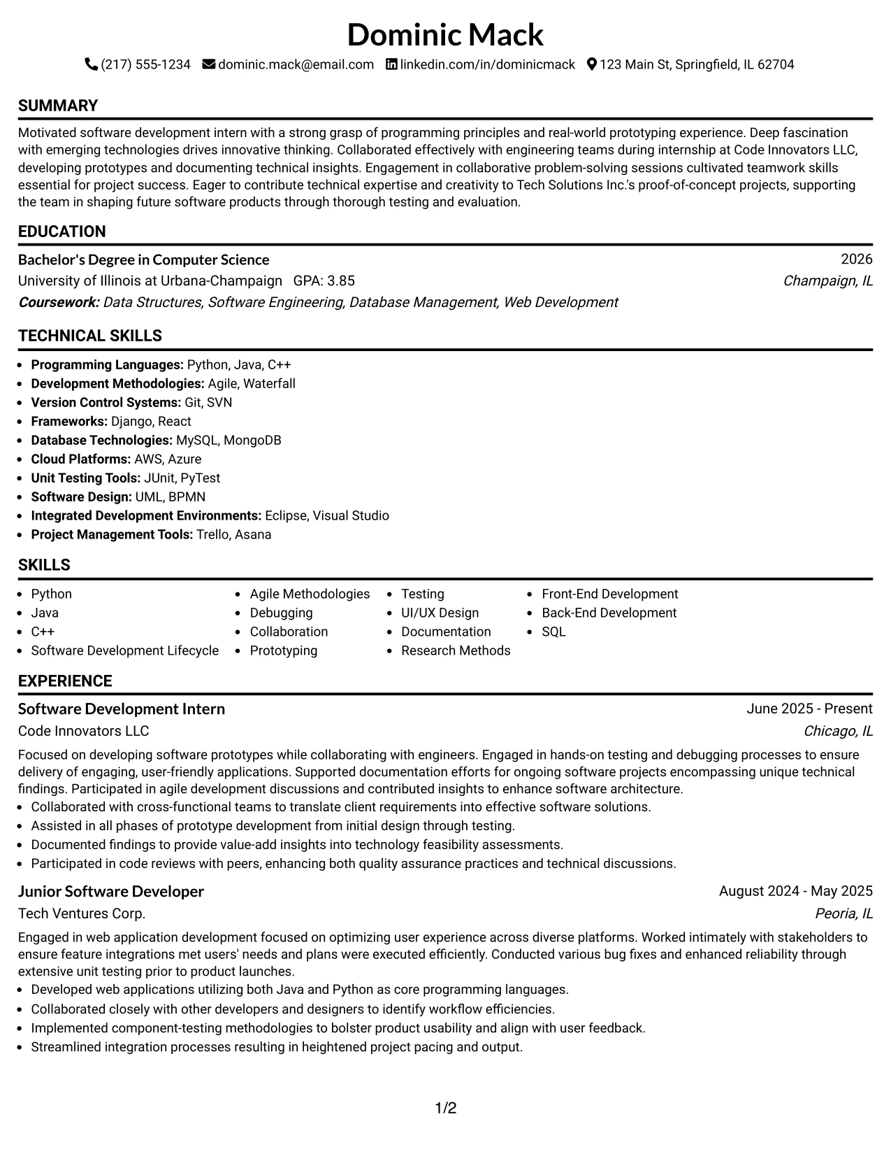 Resume Example Page 1