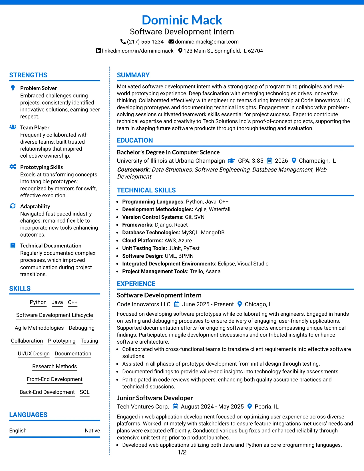 Resume Example Page 1