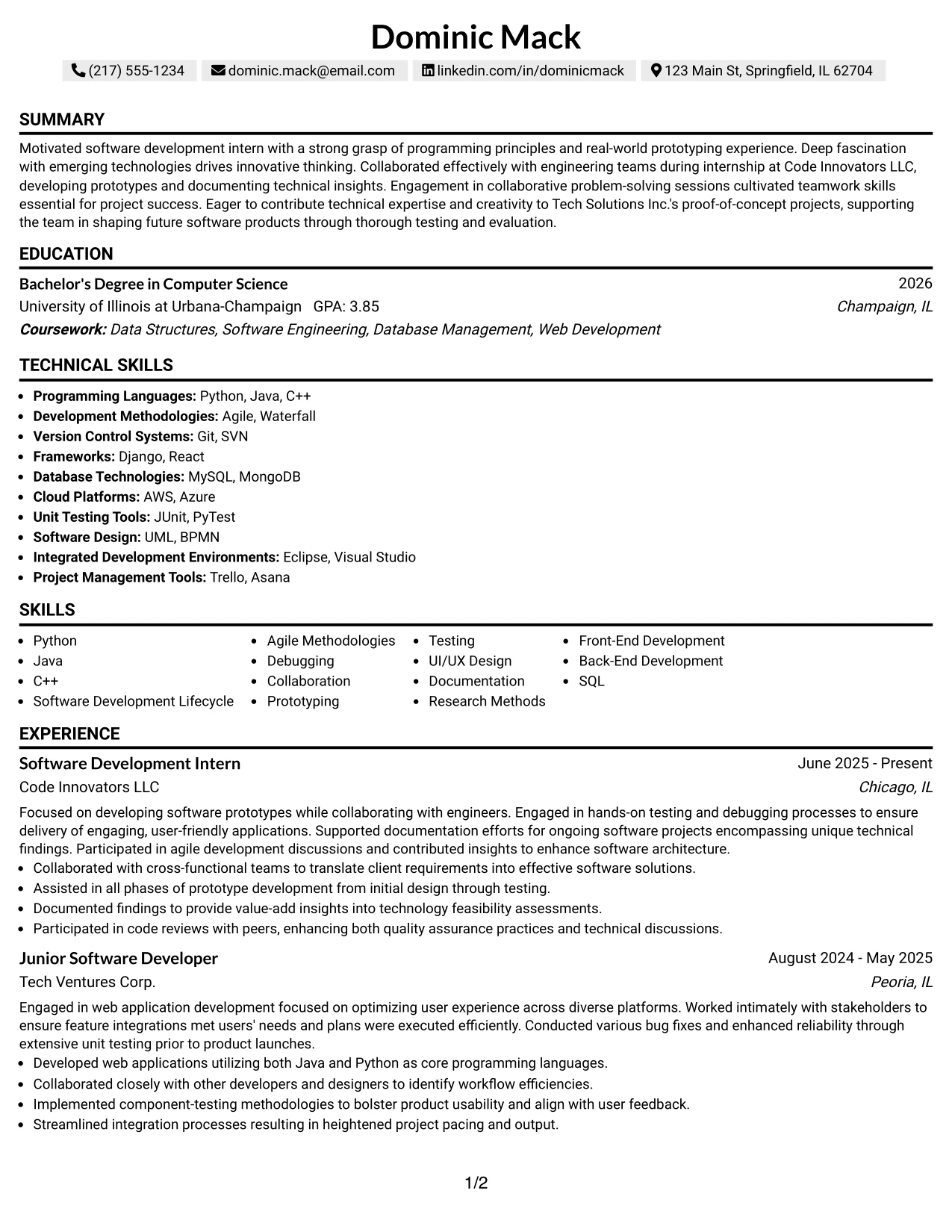 Resume Example Page 1