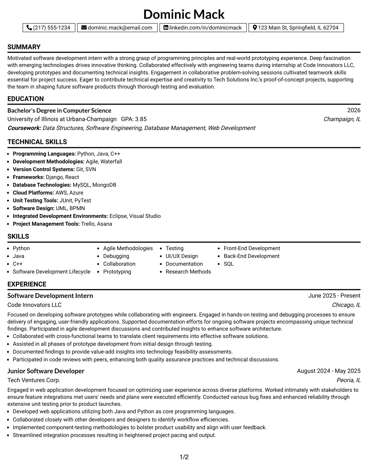 Resume Example Page 1
