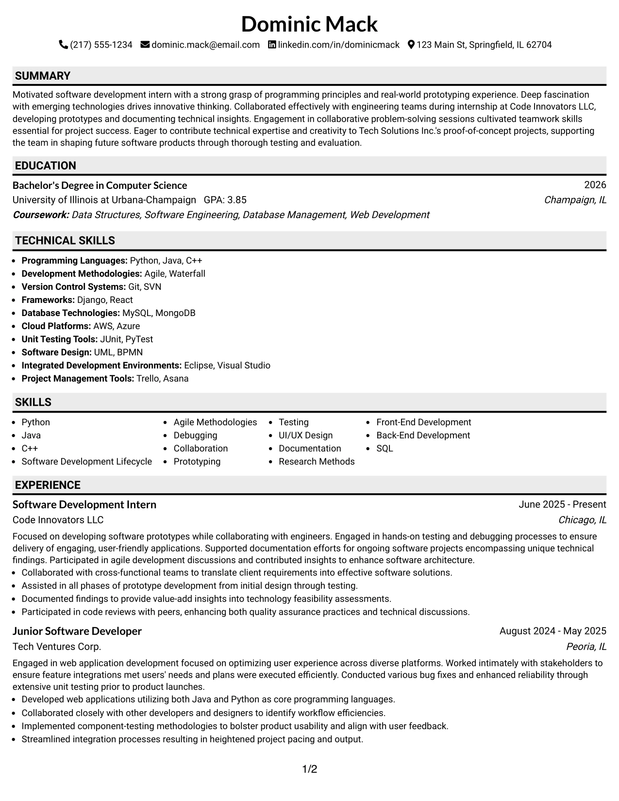 Resume Example Page 1