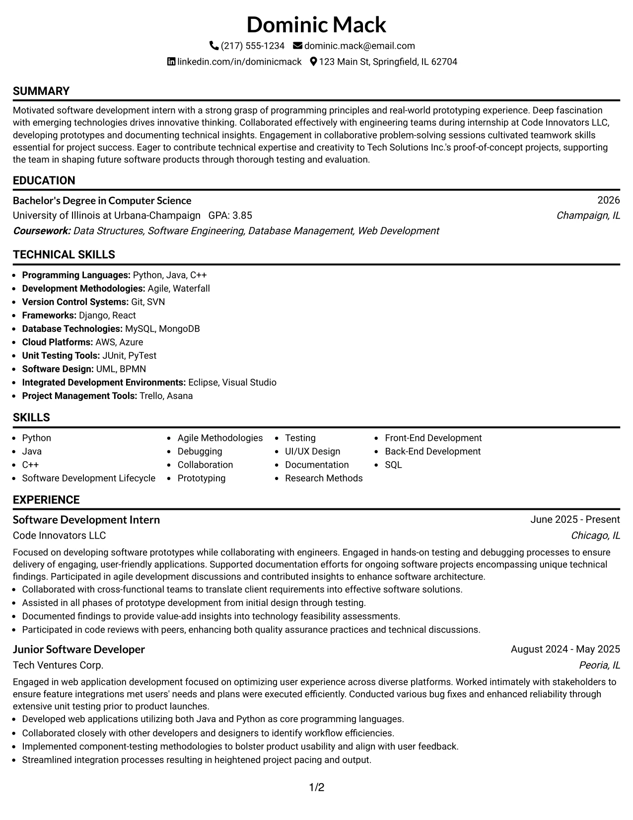 Resume Example Page 1