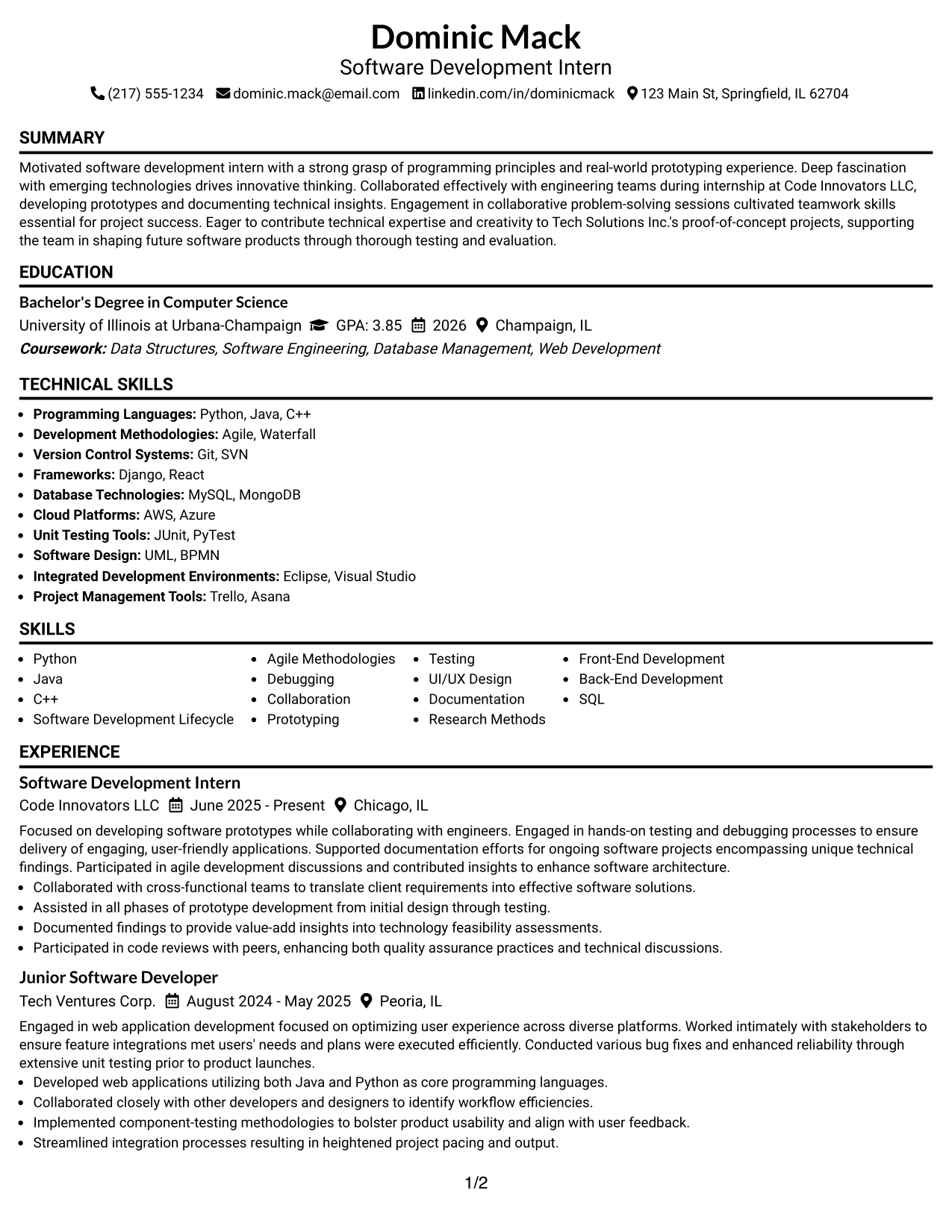 Resume Example Page 1