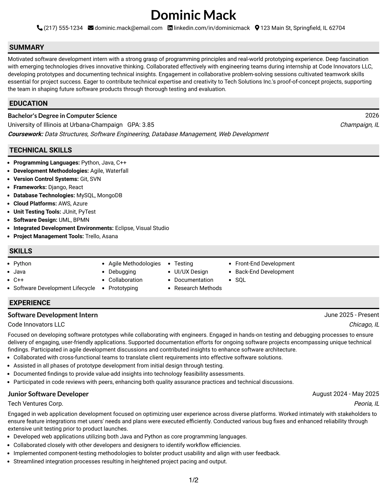 Resume Example Page 1