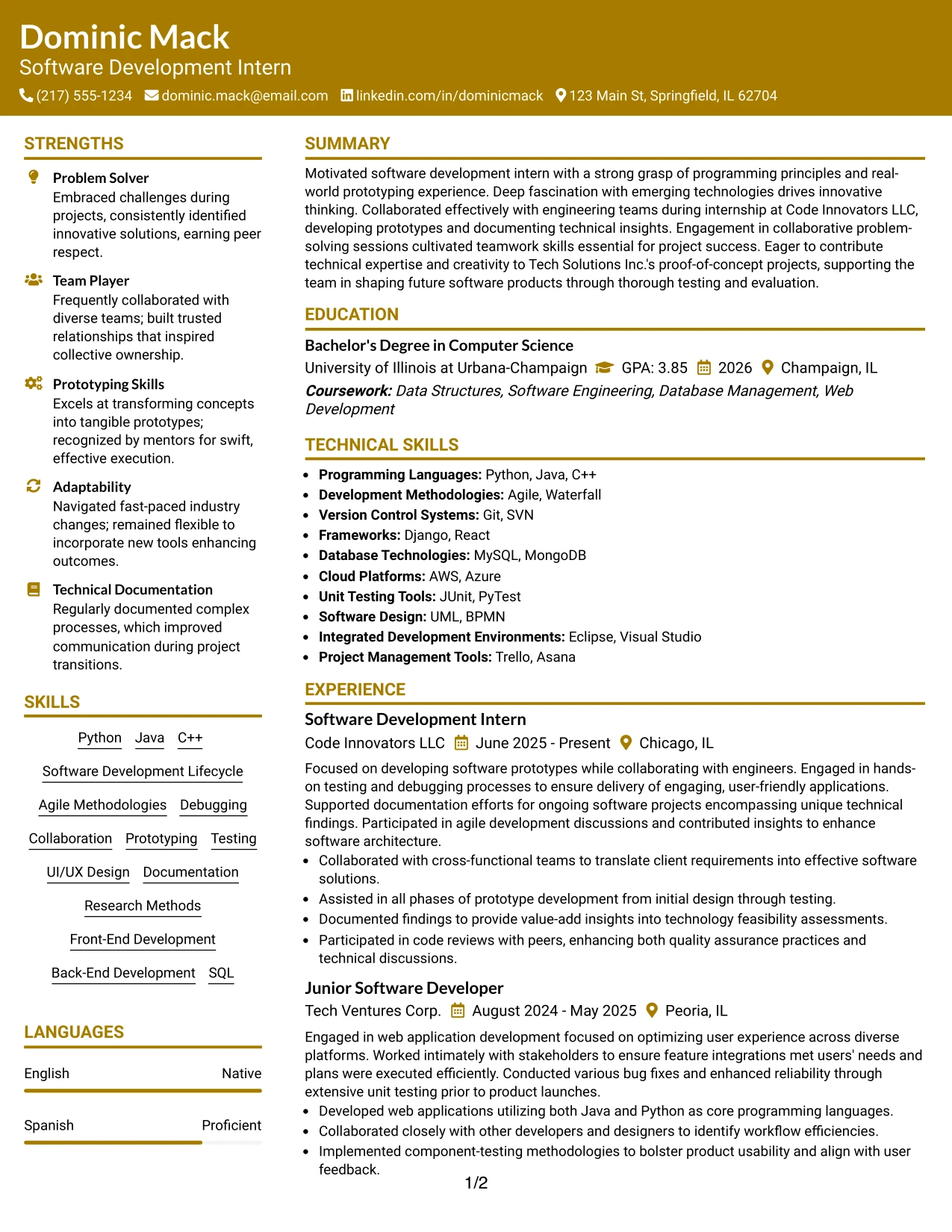 Resume Example Page 1