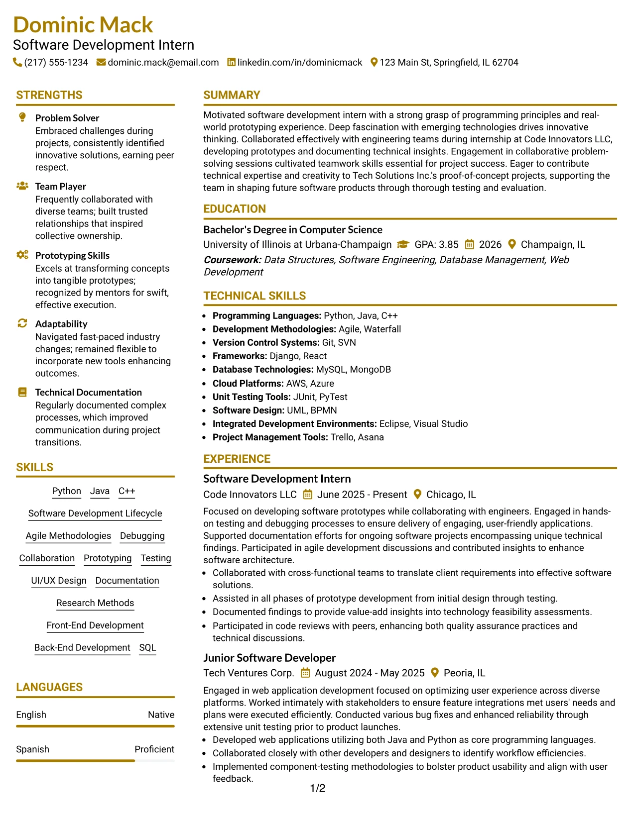Resume Example Page 1