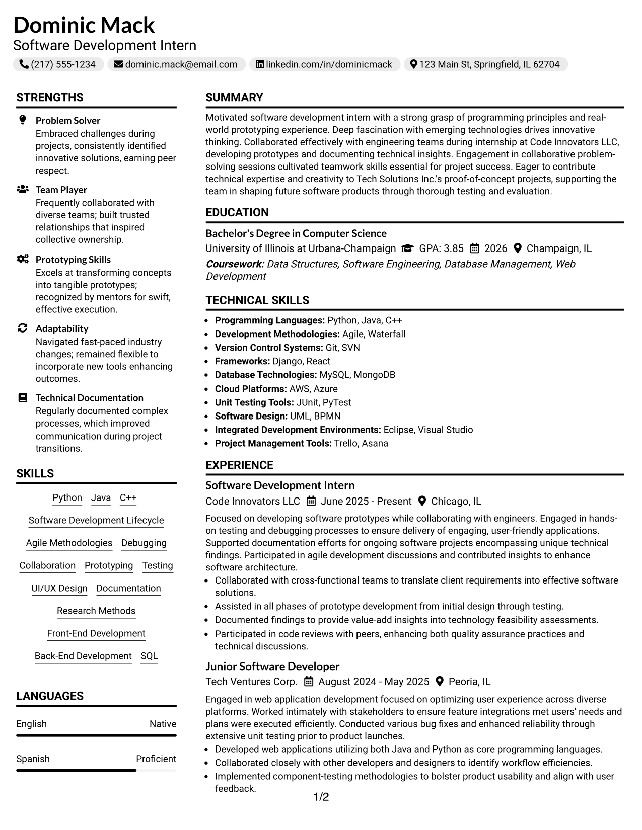 Resume Example Page 1
