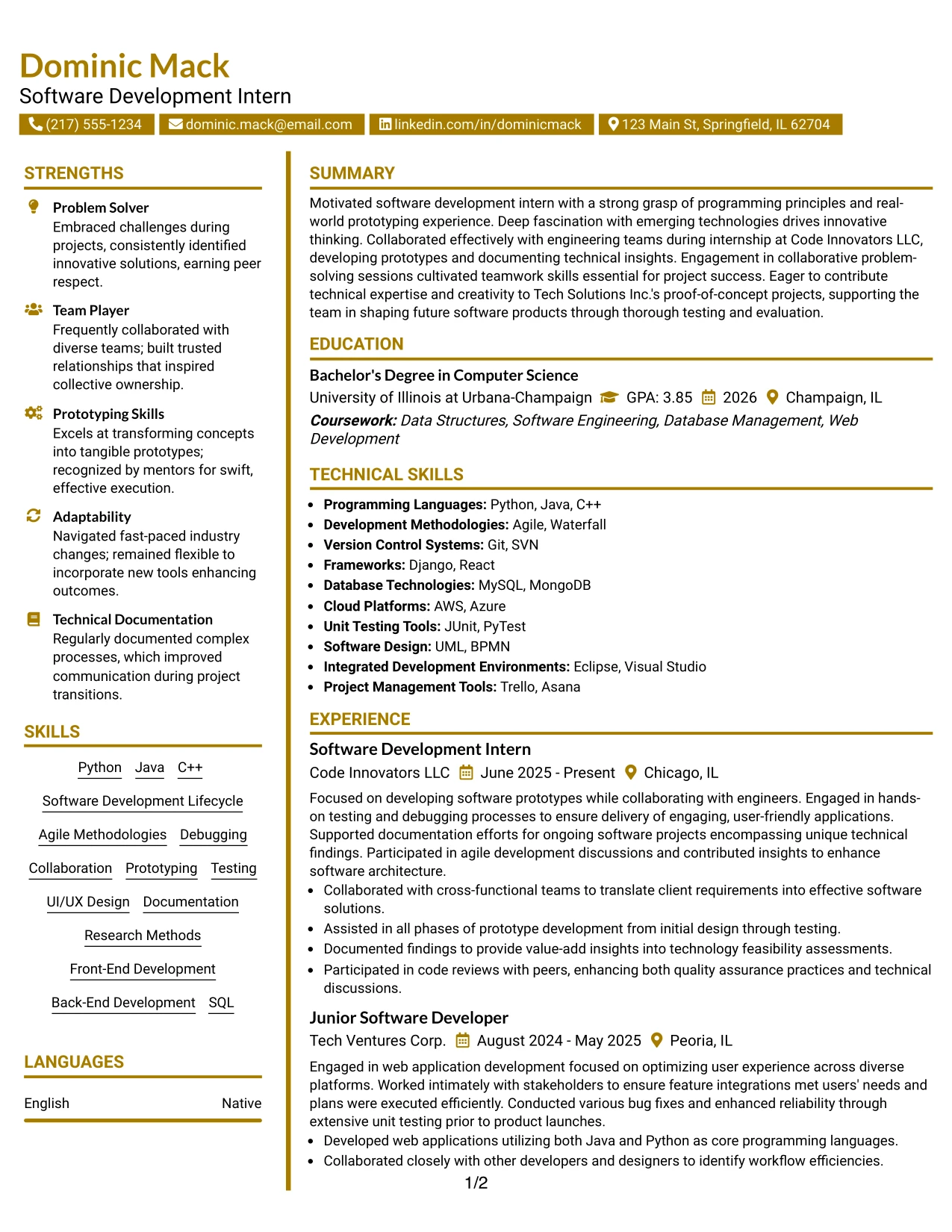 Resume Example Page 1