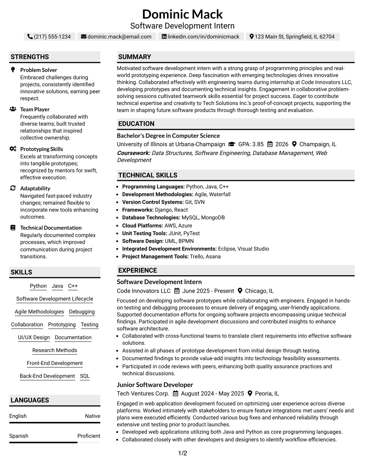 Resume Example Page 1