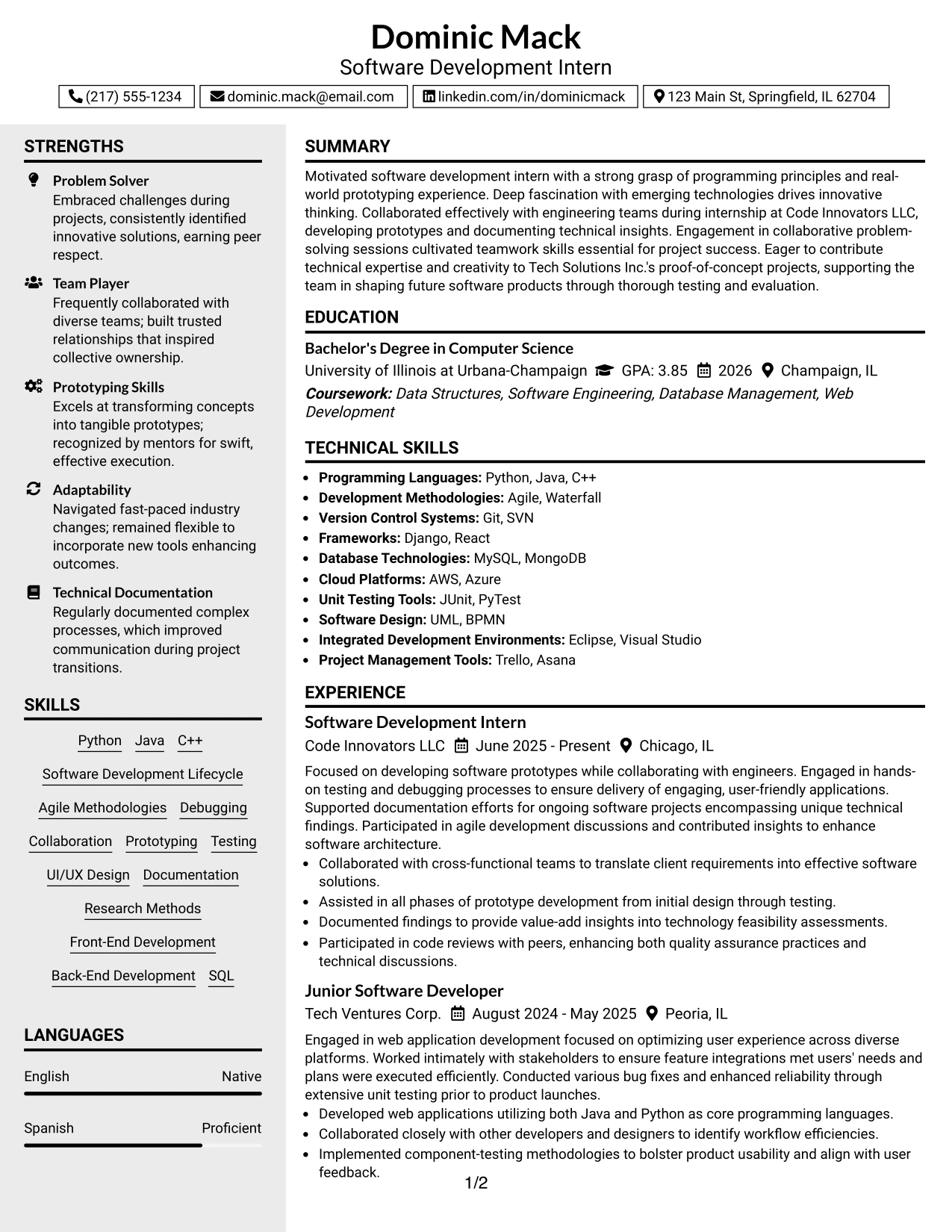 Resume Example Page 1