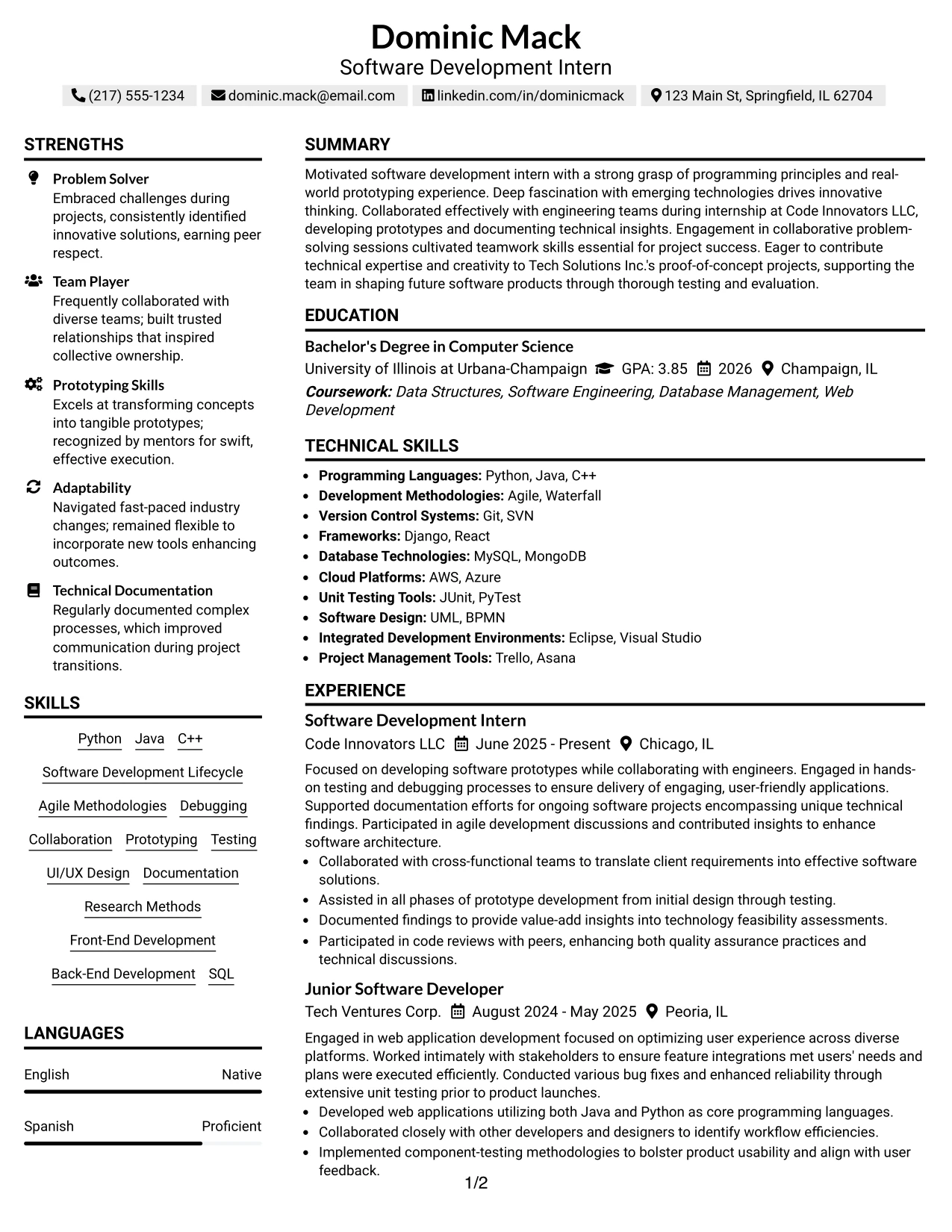 Resume Example Page 1