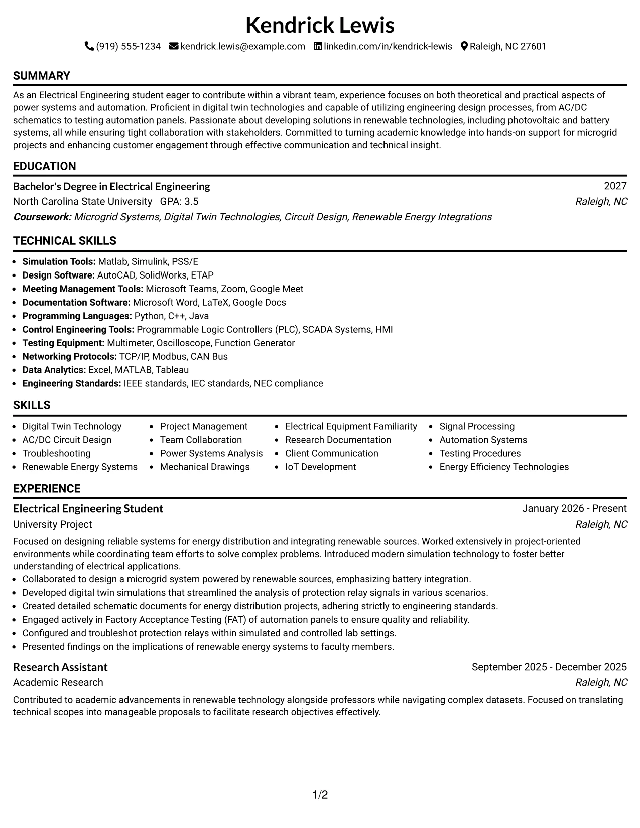 Resume Example Page 1
