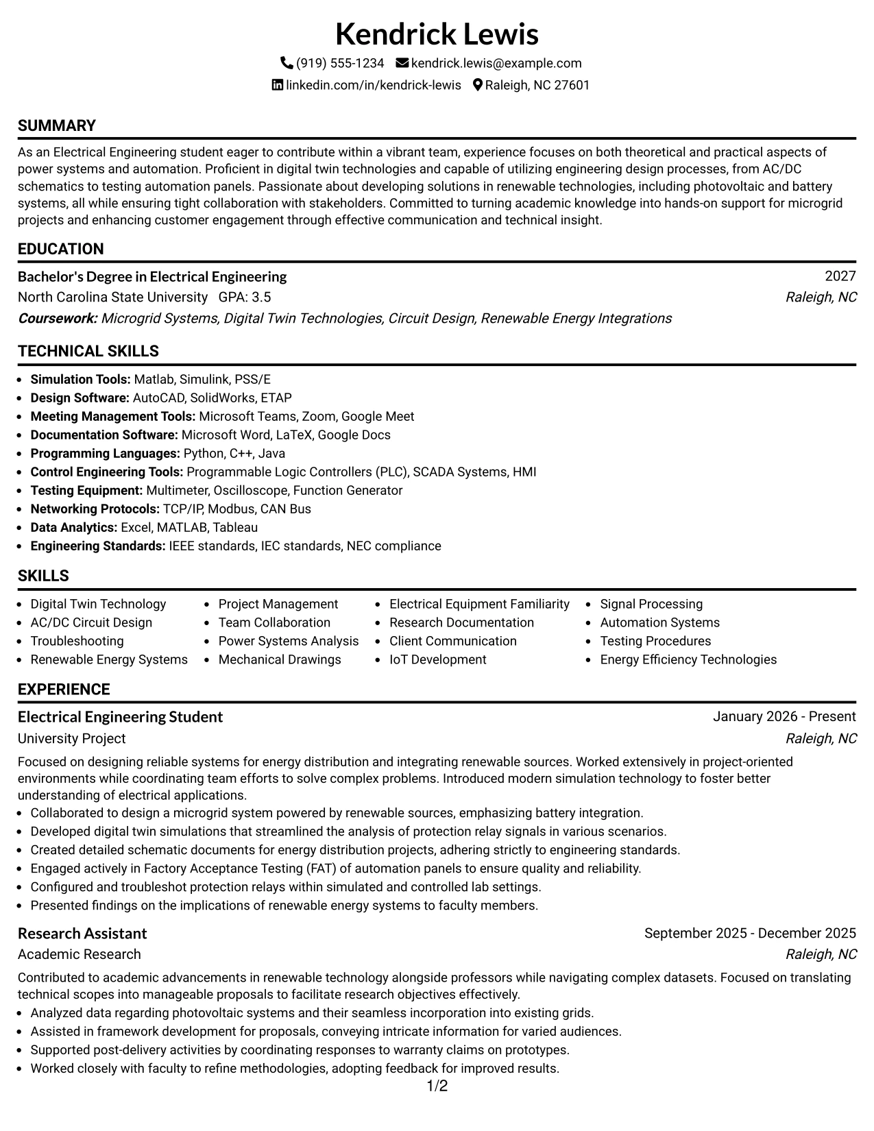 Resume Example Page 1