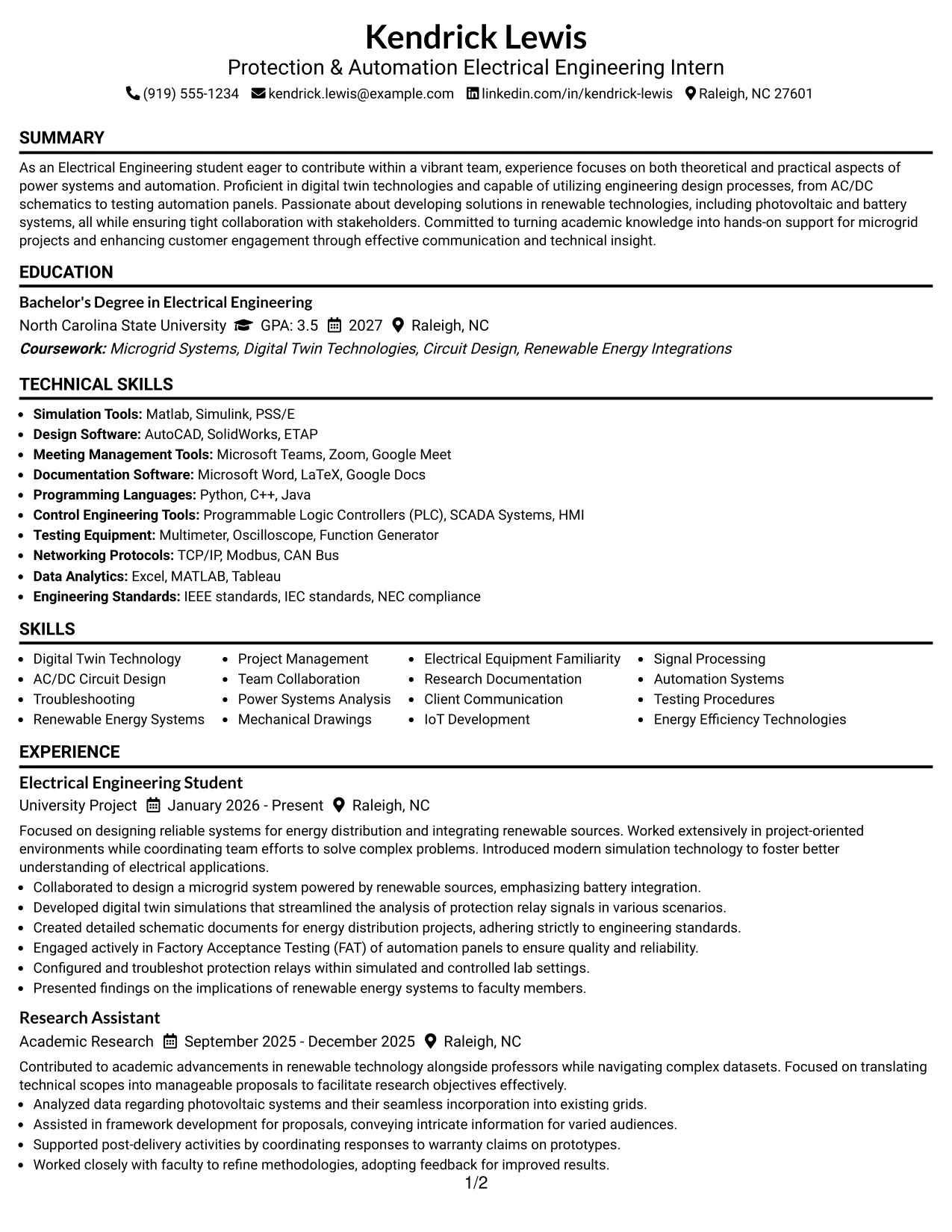 Resume Example Page 1