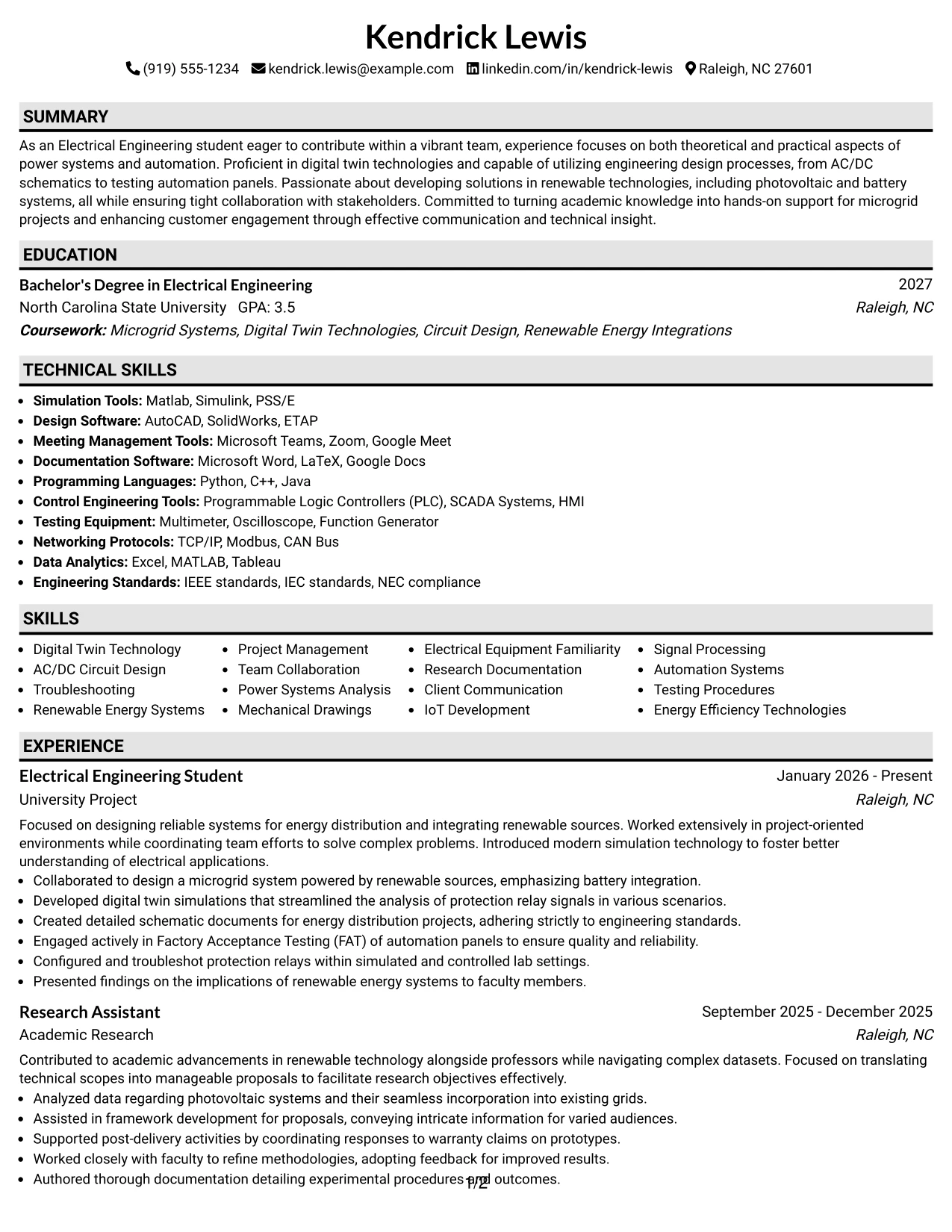 Resume Example Page 1