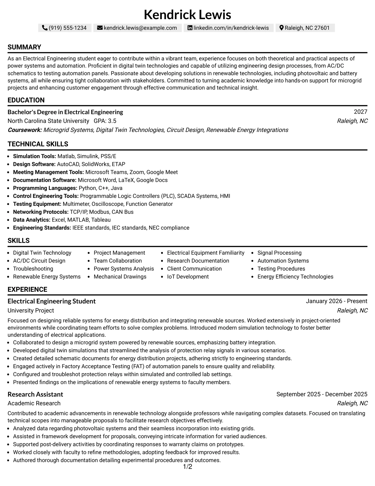 Resume Example Page 1