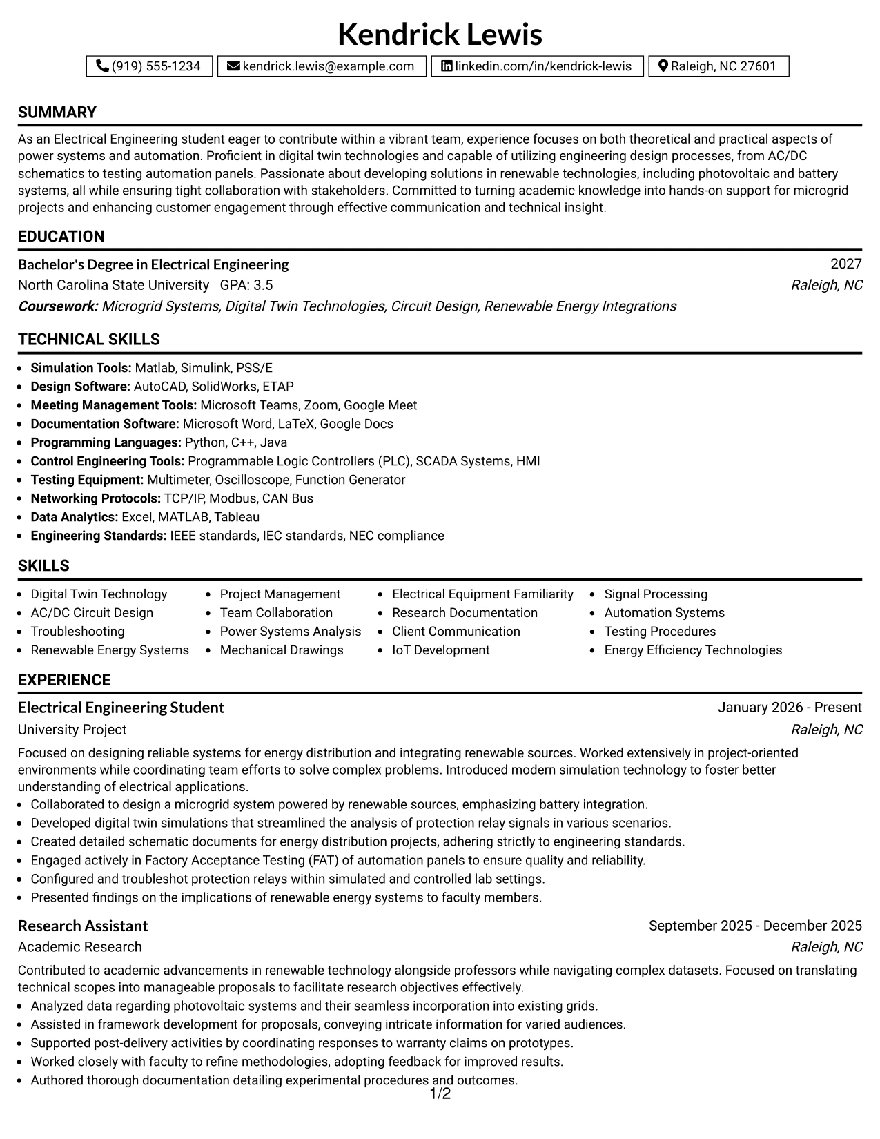 Resume Example Page 1